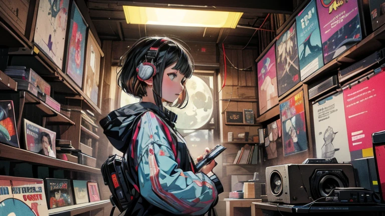 (moon:1.3), (Long Shot), Wide Shot, (Noise Film), Old cartoons, (lots of records:1.3), vinyl record shop, (masterpiece, highest quality, highest quality, Official Art, beautifully、aesthetic: 1.2), (Woman listening to music with one headphone), Very detailed, (Fractal Art: 1.4), Best details, guitar, (Note: 1.4), ( Lo-fi hip hop), Side view, Old Anime Texture, alone, speaker, cyber punk, vinyl