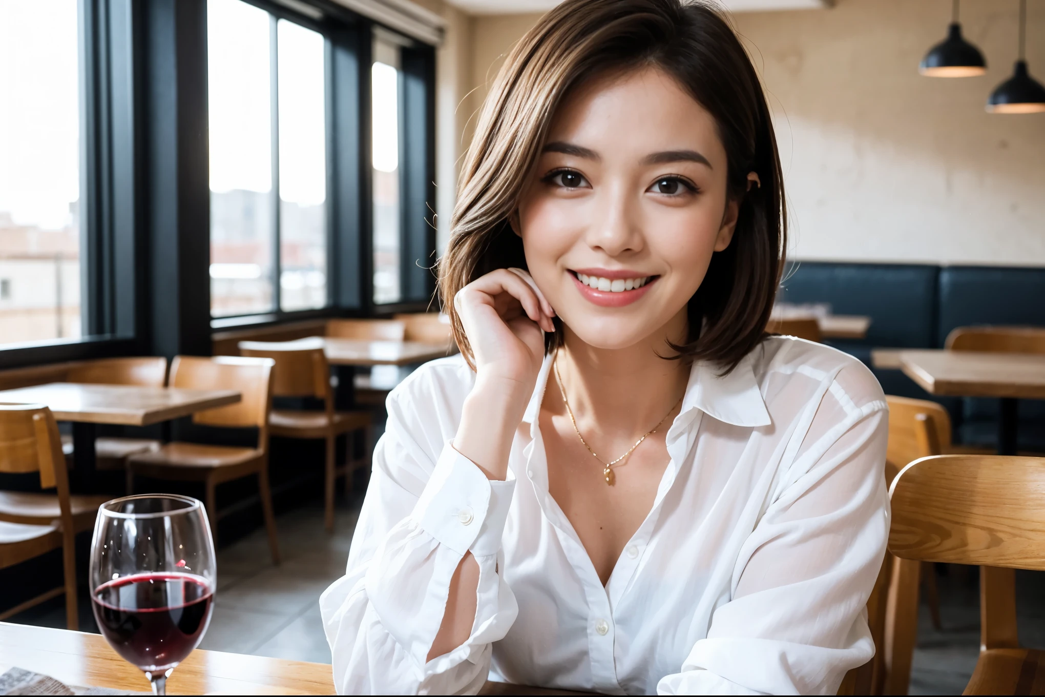 ((highest quality、8k、masterpiece:1.3))、beauty、1 male1 female、Couple、Spouse、half、The body is slim、((Bob Hale、Straight hair:1.2)), (Realistic, Intricate details:1.2), Fullcorse Dinner,Wine glass on the table、Shine light on your face、 Amazing view of the sunset sky and clouds、A bright smile、The wonderfulness of smile、Bright image、The beauty of wine, Beautiful Face, blue eyes, The light shines on your face, Blushing, short hair,Bright Face、 (Age 45), 43 years old, red wine 、Appetizers、Italian food、Wine bottle、Champagne、sparkling wine、Two beauties、Brown Hair、Shortcuts、Long sleeve shirt、dress、Pretty Woman 1, (Slim face), (The body is slim), (Brown Hair), (Shortcuts), cheeks turn a little red,Attractive beauty、restaurant, In a prominent place (From the waist up) Nova Frog Style, actress, model, Upper Body, White wine, slim, wine glass, A wine glass placed in the center, smile, (smile: 1.15), Beautiful fine grain, Depth f/2,saturation, High Contrast, Strong light and shadow,Moist Body:1.5、3D texture、Delicate eyes、Brown Hair、The hair is very shiny、