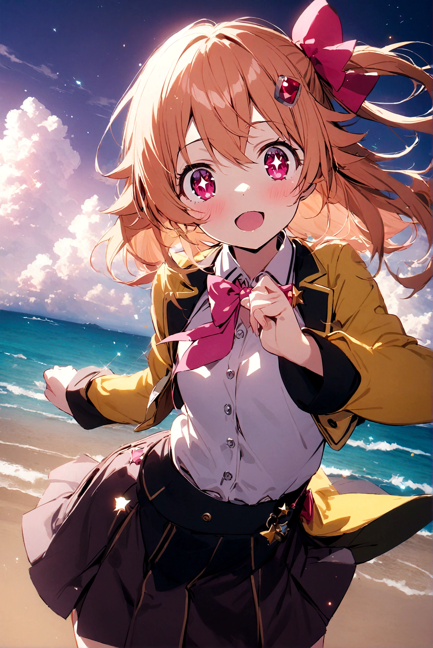 1 Girl, Rumi Hoshino (Ruby Hoshino),  Hair accessories, Sparkling eyes, (Stars in the right eye:1), (skirt:1.4), best quality, masterpiece , 