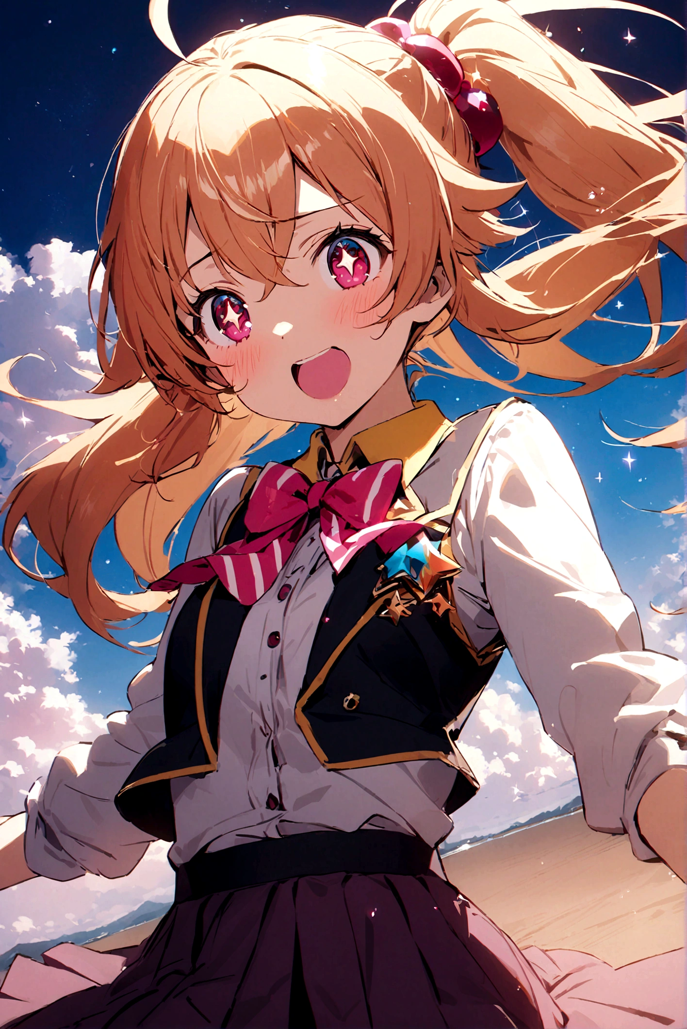 1 Girl, Rumi Hoshino (Ruby Hoshino),  Hair accessories, Sparkling eyes, (Stars in the right eye:1), (skirt:1.4), best quality, masterpiece , 