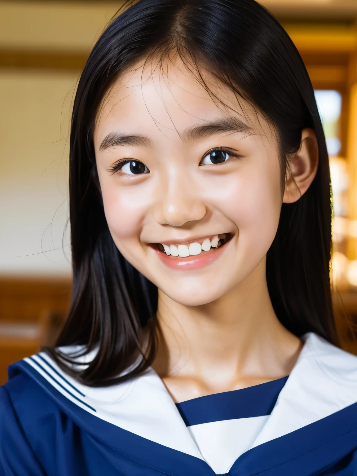 lens: 135mm f1.8, (highest quality),(RAW Photos), (Tabletop:1.1), (Beautiful  Japanese girl), Cute Face, (Deeply chiseled face:0.7), (freckles:0.4), Dappled sunlight, Dramatic lighting, Navy blue sailor suit, (In the classroom), shy, (Close-up shot:1.2), smile