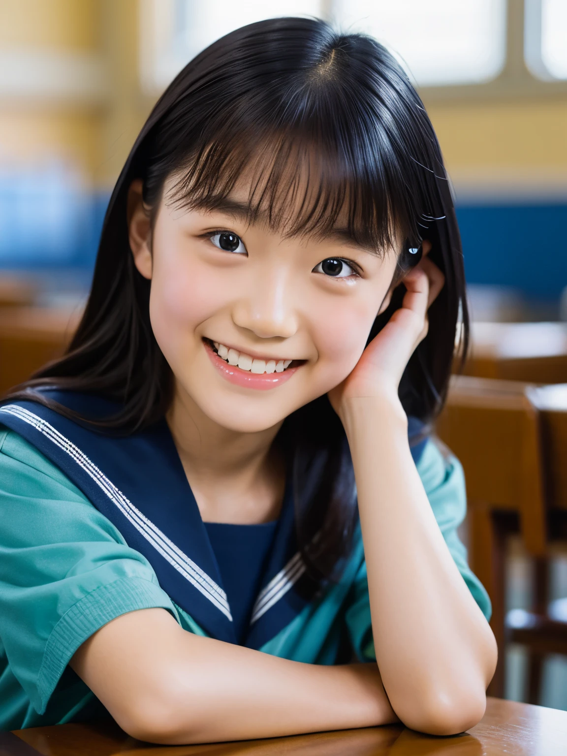 lens: 135mm f1.8, (highest quality),(RAW Photos), (Tabletop:1.1), (Beautiful 12 year old Japanese girl), Cute Face, (Deeply chiseled face:0.7), (freckles:0.4), Dappled sunlight, Dramatic lighting, Navy blue sailor suit, (In the classroom), shy, (Close-up shot:1.2), smile