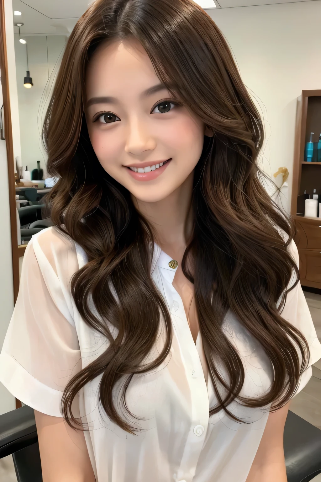 Loose curly hair、Long Hair、Salon model、White shirt、smile