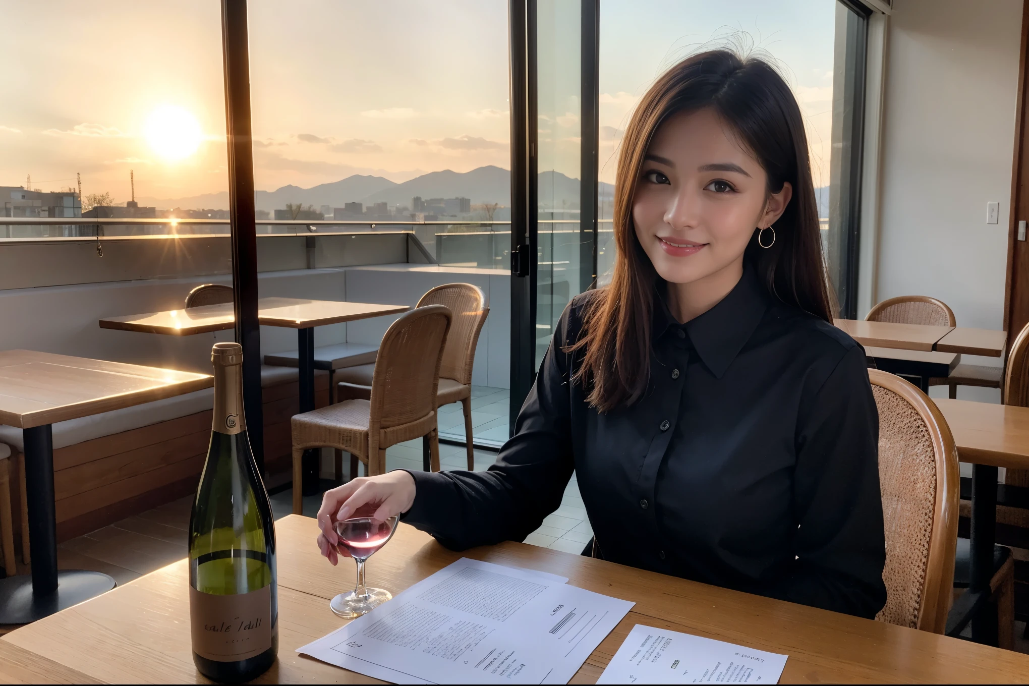 ((highest quality、8k、masterpiece:1.3))、Ray Dan beauty、1 male1 female、Couple、Spouse、half、The body is slim、((Bob Hale、Straight hair:1.2)), (Realistic, Intricate details:1.2), Wine glass on the table、Shine light on your face、 Amazing view of the sunset sky and clouds、Amazing mountain views、A bright smile、The wonderfulness of smile、Bright image、The beauty of wine, Beautiful Face, blue eyes, The light shines on your face, Blushing, short hair,Bright Face、 (Age 44), 48 years old, red wine 、Appetizers、Italian food、Wine bottle、Champagne、sparkling wine、Two beauties、Brown Hair、Shortcuts、Long sleeve shirt、dress、Pretty Woman 1, (Slim face), (The body is slim), (Brown Hair), (Shortcuts), cheeks turn a little red,Attractive beauty、restaurant, In a prominent place (From the waist up) Nova Frog Style, actress, model, Upper Body, White wine, slim, wine glass, A wine glass placed in the center, smile, (smile: 1.15), Beautiful fine grain, Depth f/2,saturation, High Contrast, Strong light and shadow,Moist Body:1.5、3D texture、Delicate eyes、Brown Hair、The hair is very shiny、