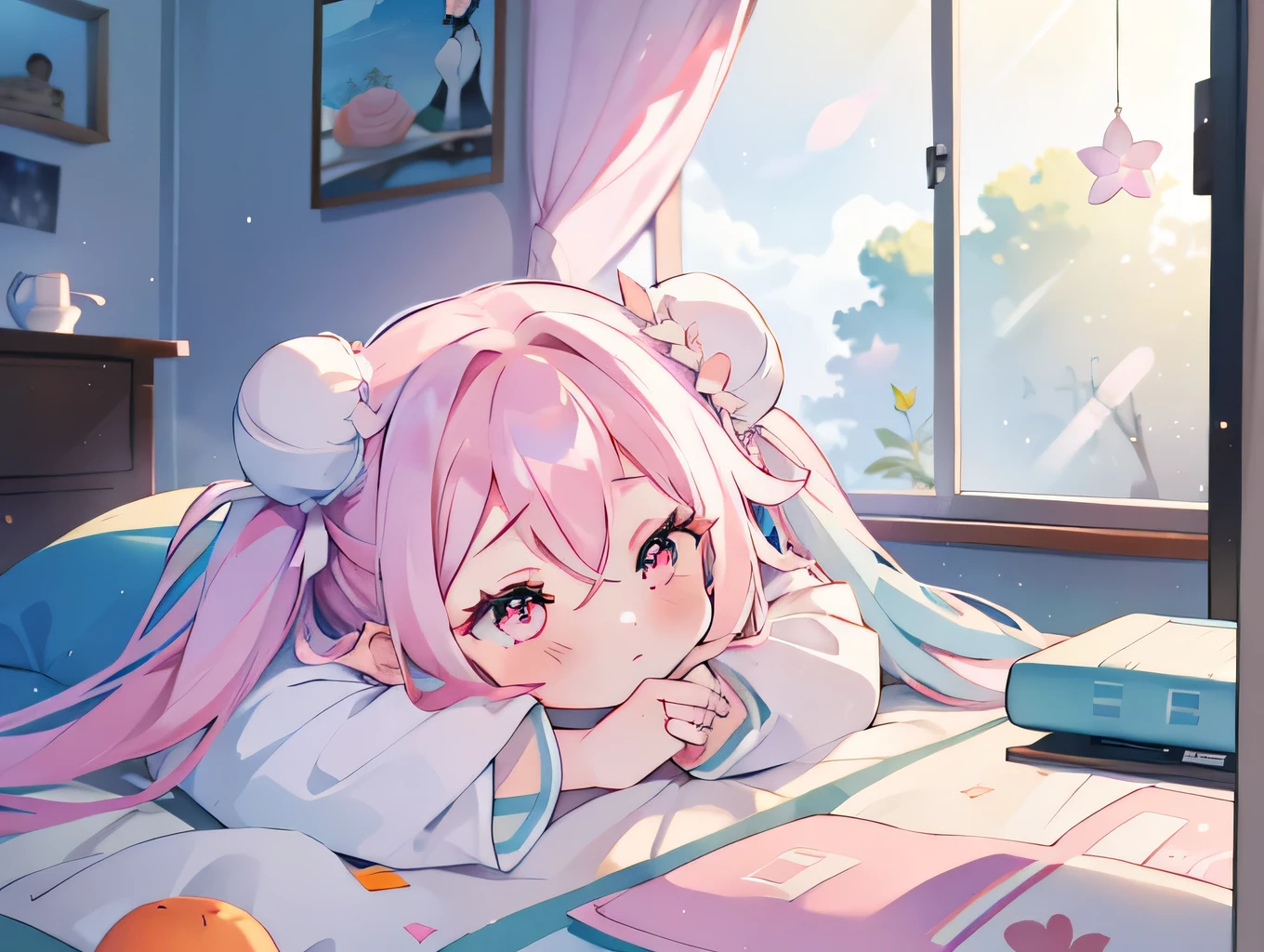 One Girl, ((miku hatsune))、sleep、kotatsu, table, sleepeace, down face, Light blue hair, Winters, Upper Body,mandarin orange, reflected light,, Ultras_detailed:1.2,masterpiece, highest quality, High resolution, {Detailed and beautiful eyes}, finely,  Detailed and beautiful eyes,1 Girl, (alone:1.5),  (Hair Ribbon:0.4), Pink Eyes,Cinematic Angles,perspective,(((White bun hair))),(((Long pink hair))),