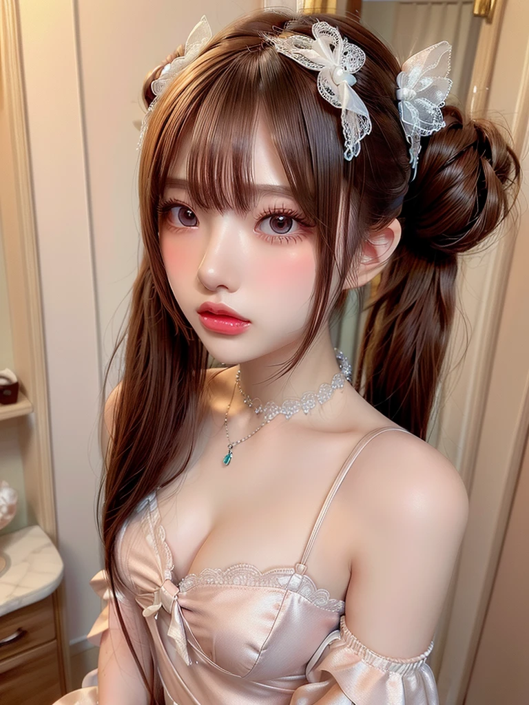 ((highest quality)),(超A high resolution),(Very detailed),(Detailed Description),((The best CG)),(masterpiece),Very detailedなアート、Small breasts、Whitening 1.5、Clear skin quality、(((全Nude 1.5)))、Racing High Leg、Ribbon hair ornament、(((Twin Tail Hairstyle 1.5)))Tying up hair、(((Bun Hair 1.5)))、Glitter Necklace、Ultimate Beauty 1.5(((1.5)))、(((1.5)))Sheer 1.2、(((Nude 1.5)))