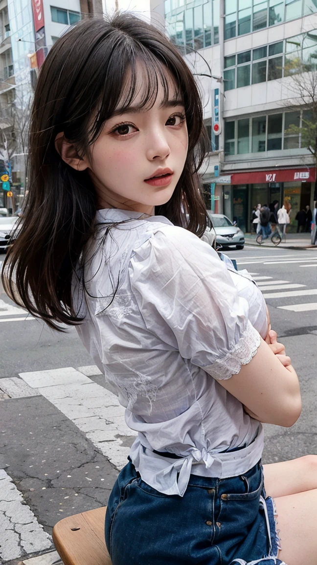 8k, RAW Photos, highest quality, masterpiece:1.2), masterpiece, highest quality, shape, Very detailed, Fine details, High resolution, 8k,wallpaper, Perfect dynamic composition,(High quality with attention to detail, Realistic depiction of eyes:1.3)、Hands tied、A woman tied up、Put your arms around my back, Tie your hands behind your backｋ, office、Sitting、Outside the window is a building street、 White panties are visible、Micro Mini Skirt、whole body、The whole is facing forward、２１talent、beauty、Well-formed face、Even out the eyes、Beautiful black hair、Bangedium Build、Balanced proportions、Big Breasts、Beautiful feet、blue short sleeve blouse、Fresh Face、Beautiful views、View your viewers、
