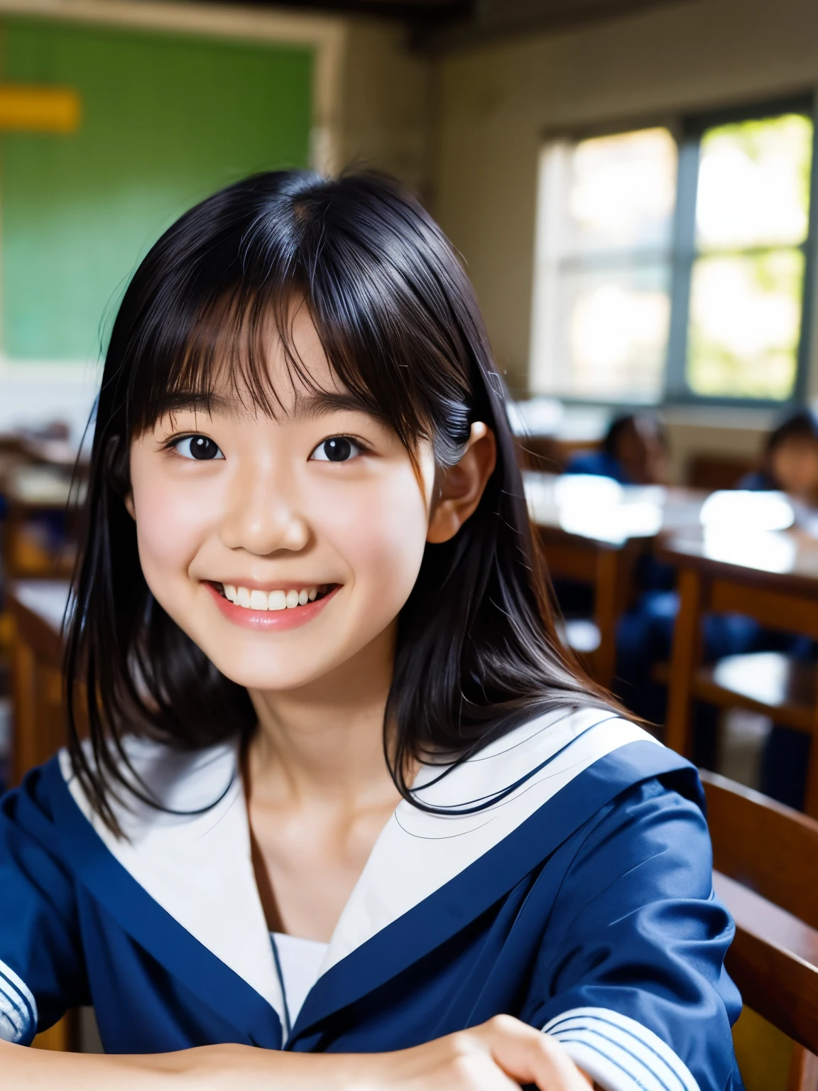 lens: 135mm f1.8, (highest quality),(RAW Photos), (Tabletop:1.1), (beautiful  japanese girl), Cute Face, (Deeply chiseled face:0.7), (freckles:0.4), dappled sunlight, Dramatic lighting, (Japanese School Uniform), (In the classroom), shy, (Close-up shot:1.2), (Serious face),, (Sparkling eyes)、(sunlight), ponytail