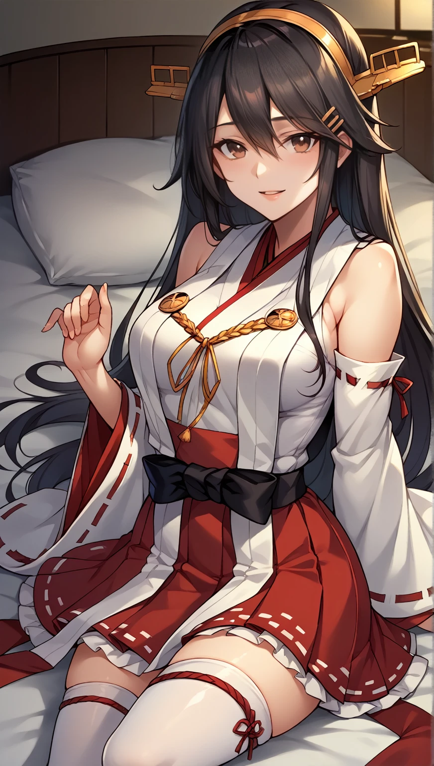 score_9, score_8_up, score_7_up, source_anime, game cg, harunakainiKC, long hair, skirt, hair ornament,thighhighs, hairband, detached sleeves, japanese clothes, hairclip, red skirt, headgear, ribbon trim, nontraditional miko, ribbon-trimmed,smile,parted lips, HOTEL ON the bed