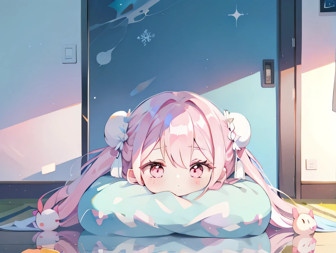 One Girl, ((miku hatsune))、sleep、kotatsu, table, sleepeace, down face, Light blue hair, Winters, Upper Body,mandarin orange, reflected light,, Ultras_detailed:1.2,masterpiece, highest quality, High resolution, {Detailed and beautiful eyes}, finely,  Detailed and beautiful eyes,1 Girl, (alone:1.5),  (Hair Ribbon:0.4), Pink Eyes,Cinematic Angles,perspective,(((White bun hair))),(((Long pink hair))),