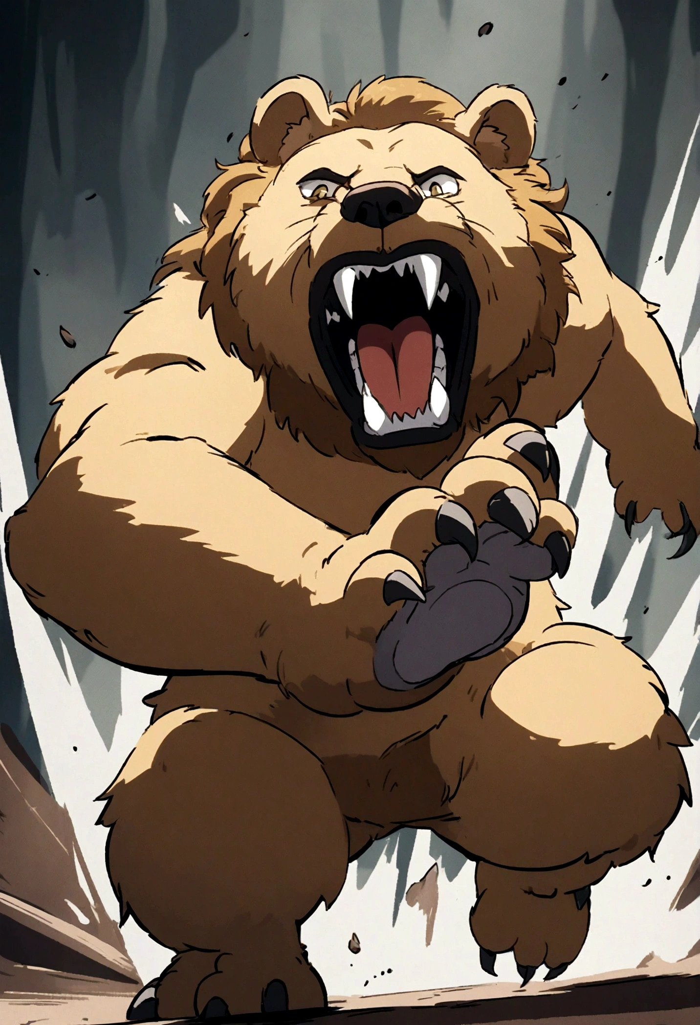 Bear and lion fighting scene、The bear raises its front paws、The lion is baring its fangs、Animation style、Dynamic Movement