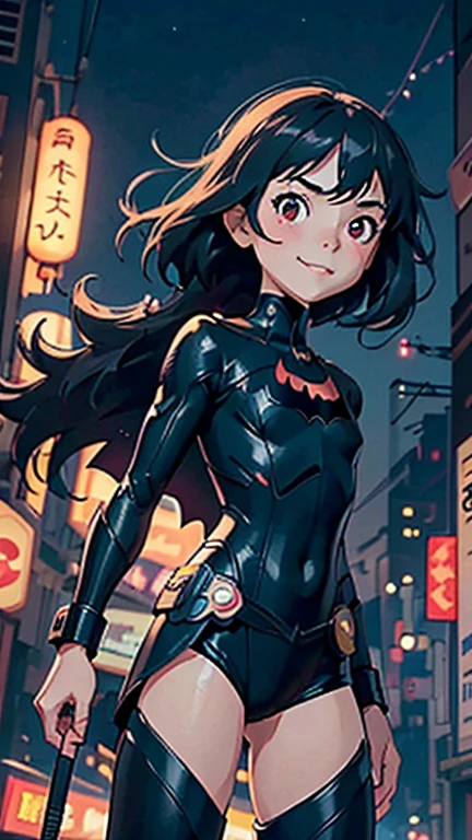 (8k),(masterpiece),(Japanese),(8--old l),((innocent look)),((Petit)),From the front,smile,cute,Innocent,Kind eyes,flat chest, Slender, Batman costume,semi-long,Hair blowing in the wind,Black Hair,strong wind,midnight,dark,neon light futuristic city