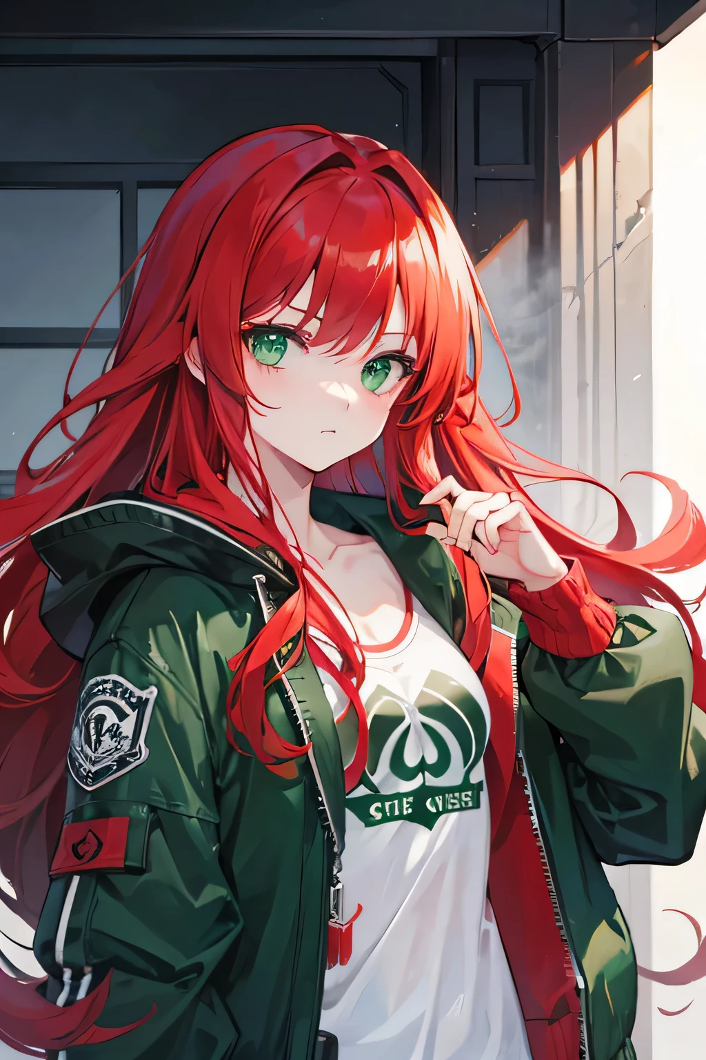 girl, green eyes, long wavy red hair, bad girl, wear jacket, thug