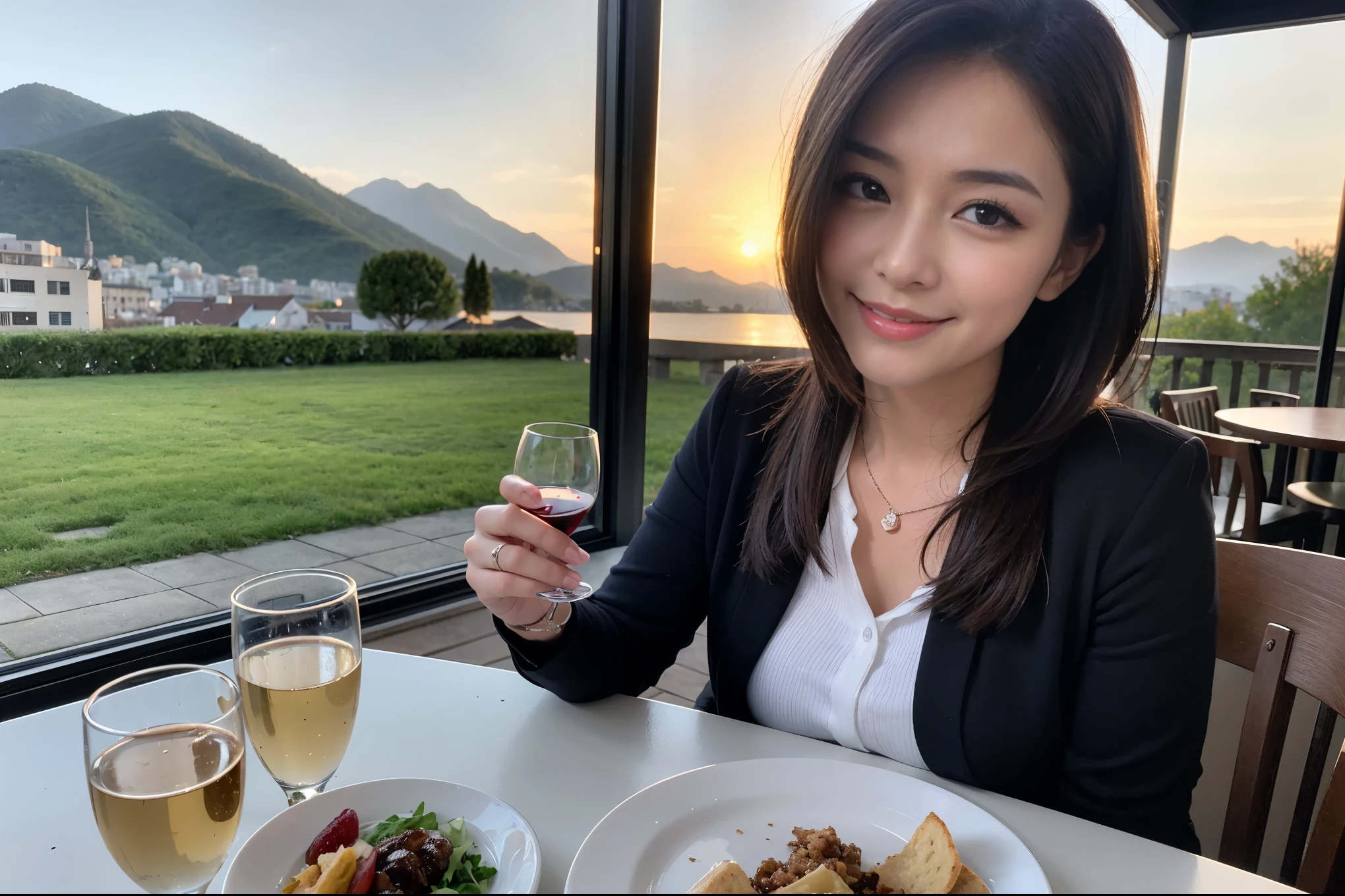 ((highest quality、8k、masterpiece:1.3))、Ray Dan lookalike beauty、1 male、1 female、Couple、Spouse、half、The body is slim、((Bob Hale、Straight hair:1.2)), (Realistic, Intricate details:1.2), Wine glass on the table、Shine light on your face、 Amazing view of the sunset sky and clouds、Amazing mountain views、A bright smile、The wonderfulness of smile、Bright image、The beauty of wine, Beautiful Face, blue eyes, The light shines on your face, Blushing, short hair,Bright Face、 (Age 44), 43 years old, red wine 、Appetizers、Italian food、Wine bottle、Champagne、sparkling wine、Two beauties、Brown Hair、Shortcuts、Long sleeve shirt、dress、Pretty Woman 1, (Slim face), (The body is slim), (Brown Hair), (Shortcuts), cheeks turn a little red,Attractive beauty、restaurant, In a prominent place (From the waist up) Nova Frog Style, actress, model, Upper Body, White wine, slim, wine glass, A wine glass placed in the center, smile, (smile: 1.15), Beautiful fine grain, Depth f/2,saturation, High Contrast, Strong light and shadow,Moist Body:1.5、3D texture、Delicate eyes、Brown Hair、The hair is very shiny、