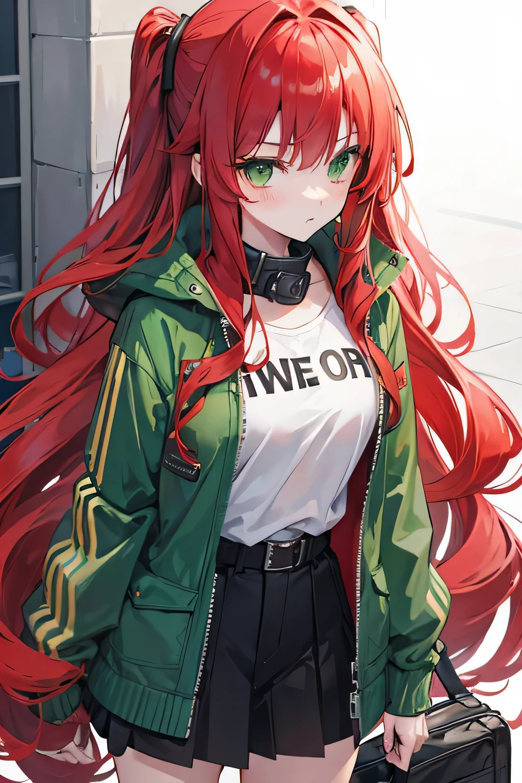 girl, green eyes, long wavy red hair, bad girl, wear jacket, thug