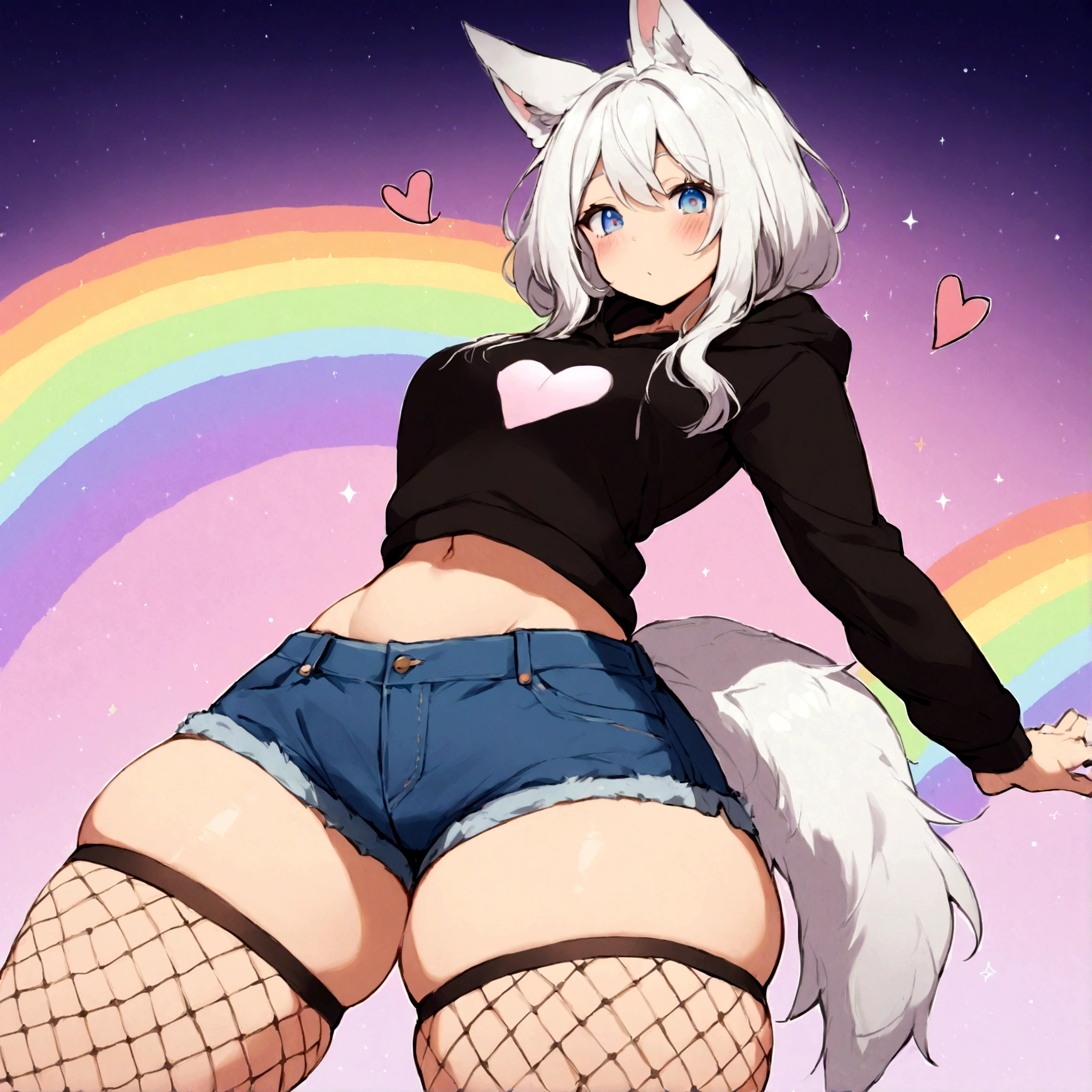 a cute adult male with wolf ears,long white hair with long locks, has a wolf tail, wearing a loose cropped oversized black hoodie, wearing a pair of denim short shorts and thigh high fishnet stockings, thick thighs, wide hips, relaxing on mound of fluffy multi colored kawaii plushies, short, very slim, showing slender tummy, stretching out, heart on hoodie, squishy thighs, has glowing blue eyes. alone, solo (ALONE)(SOLO), surrounded by rainbows, colorful galaxy backround, nice butt, looking down at the camera