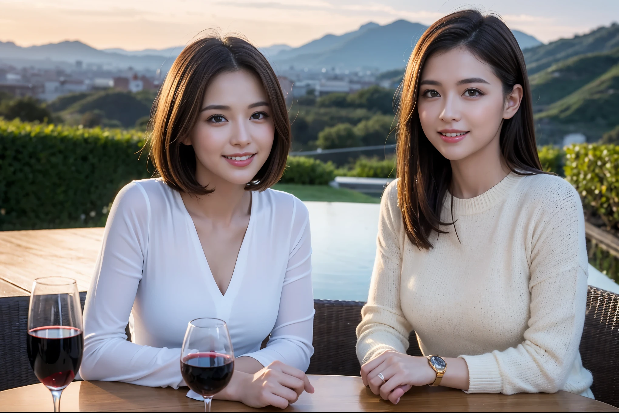 ((highest quality、8k、masterpiece:1.3))、Ray Dan lookalike beauty、1 male、1 female、Couple、Spouse、half、The body is slim、((Bob Hale、Straight hair:1.2)), (Realistic, Intricate details:1.2), Wine glass on the table、Shine light on your face、 Amazing view of the sunset sky and clouds、Amazing mountain views、A bright smile、The wonderfulness of smile、Bright image、The beauty of wine, Beautiful Face, blue eyes, The light shines on your face, Blushing, short hair,Bright Face、 (Age 44), 43 years old, red wine 、Appetizers、Italian food、Wine bottle、Champagne、sparkling wine、Two beauties、Brown Hair、Shortcuts、Long sleeve shirt、dress、Pretty Woman 1, (Slim face), (The body is slim), (Brown Hair), (Shortcuts), cheeks turn a little red,Attractive beauty、restaurant, In a prominent place (From the waist up) Nova Frog Style, actress, model, Upper Body, White wine, slim, wine glass, A wine glass placed in the center, smile, (smile: 1.15), Beautiful fine grain, Depth f/2,saturation, High Contrast, Strong light and shadow,Moist Body:1.5、3D texture、Delicate eyes、Brown Hair、The hair is very shiny、