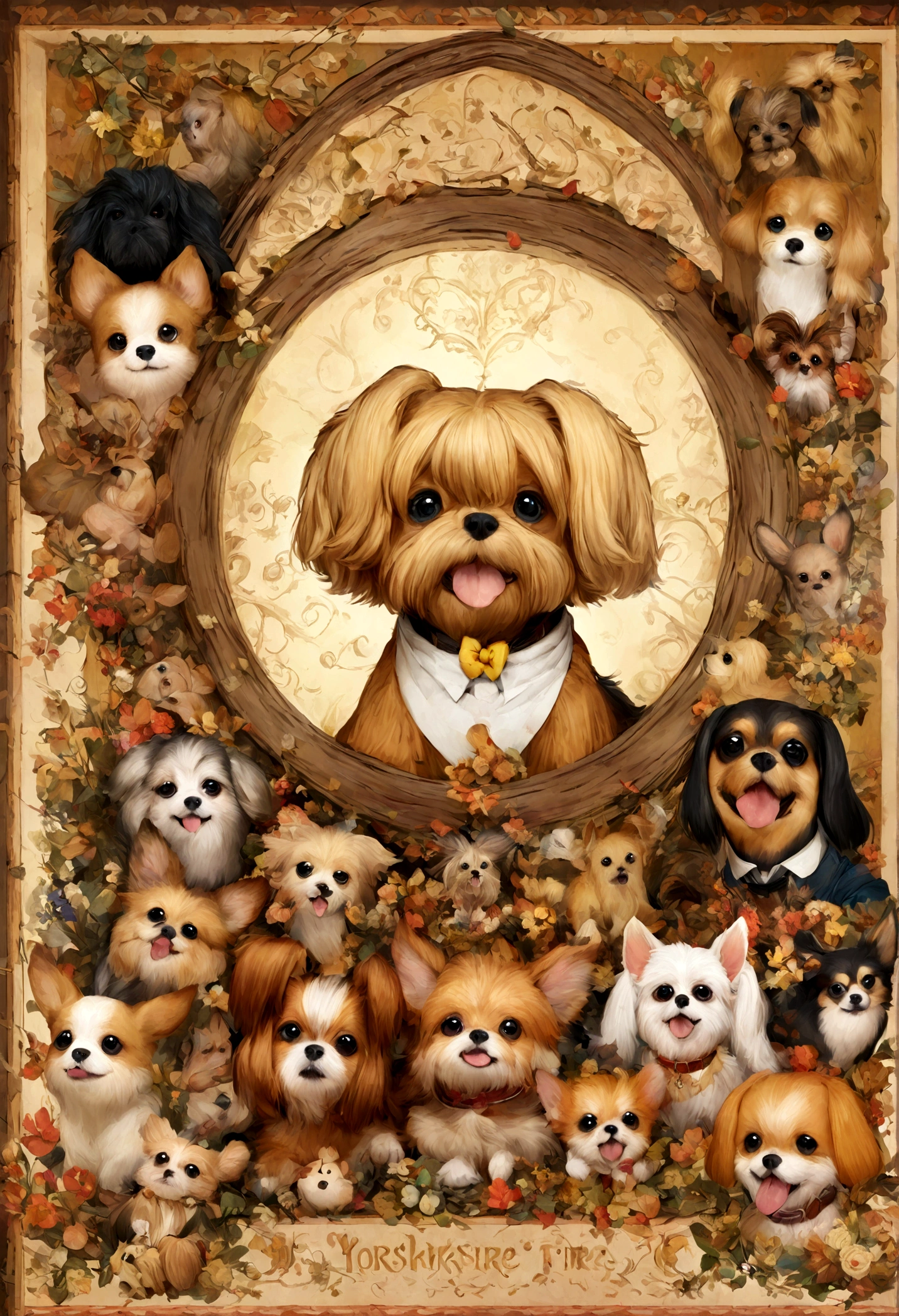 Create a Disney Pixar-style poster of three dogs: Yorkshire Terrier breed, A Maltese and a Chihuahua
