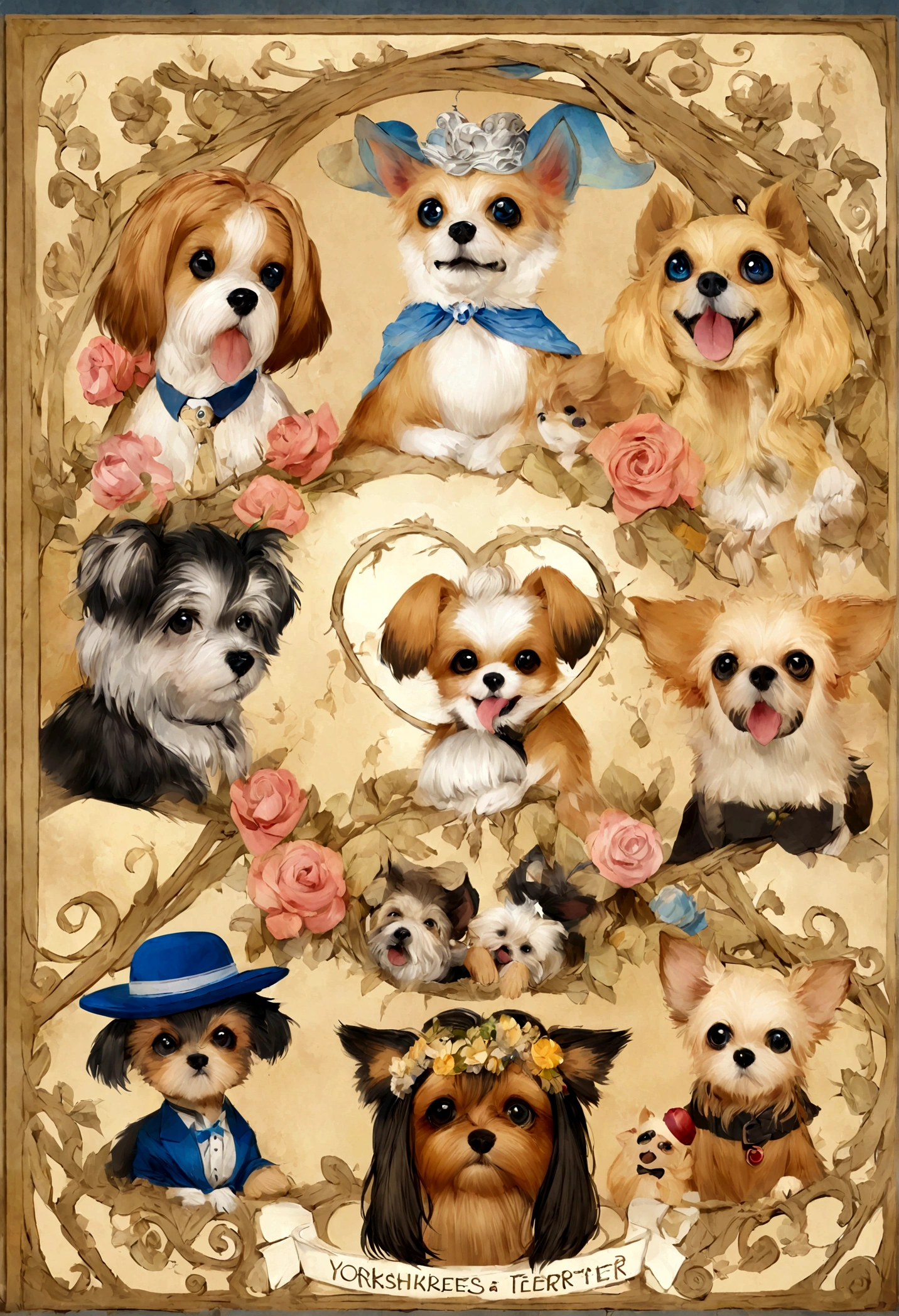 Create a Disney Pixar-style poster of three dogs: Yorkshire Terrier breed, A Maltese and a Chihuahua