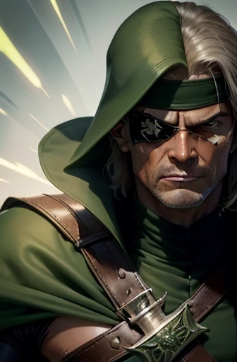 Close-up of Nick Fury with sword and cape, Green Cape, with a Green Cape,Wear an eyepatch on one eye, dnD text, Male Elf Ranger, fantasy d&D text, d&d Protagonist, As an advertisement & D text, d & D text, d&D text, As an advertisementnD text, d & d fantasy character, wearing a Green Cape