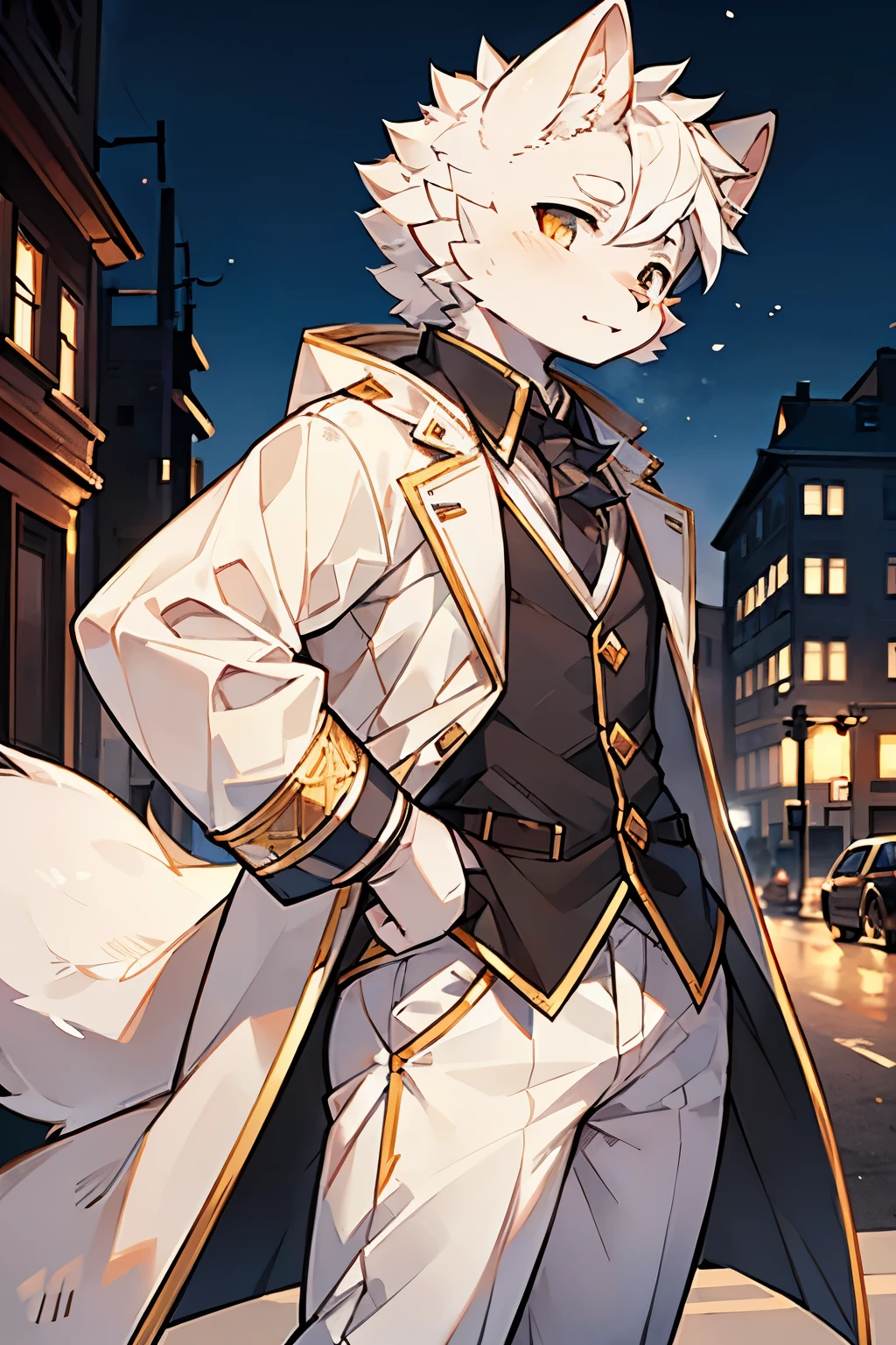 Exquisite lines,best quality。young,male,White Wolf Orcs,Higher,Long white coat,White trousers,Golden pupils,Background city bustling streets,night
