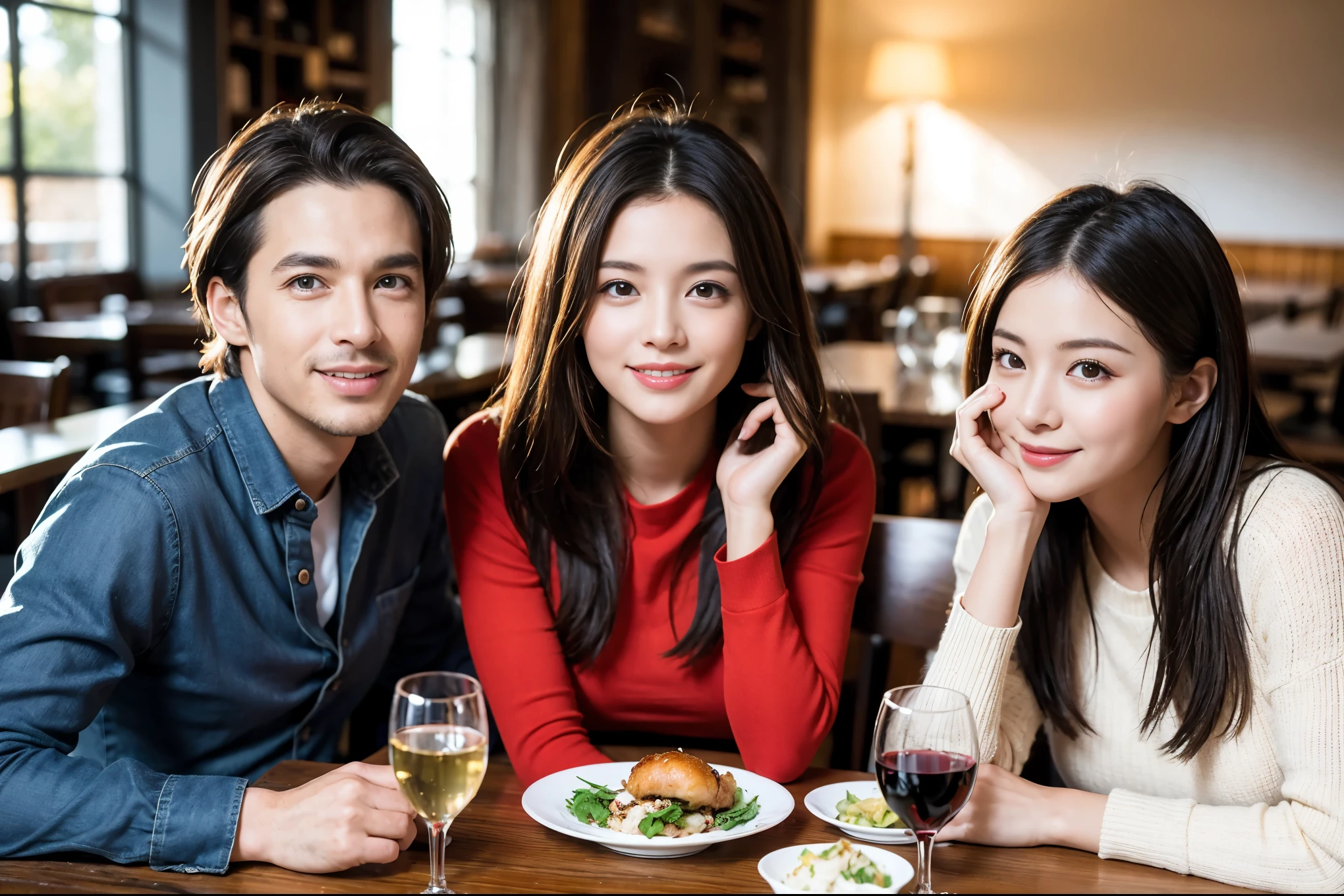 ((highest quality、8k、masterpiece:1.3))、Ray Dan lookalike beauty、1 male、1 female、Couple、Spouse、half、The body is slim、((Bob Hale、Straight hair:1.2)), (Realistic, Intricate details:1.2), Wine glass on the table、Shine light on your face、 Amazing view of the sunset sky and clouds、Amazing mountain views、A bright smile、The wonderfulness of smile、Bright image、The beauty of wine, Beautiful Face, blue eyes, The light shines on your face, Blushing, short hair,Bright Face、 (Age 44), 43 years old, red wine 、Appetizers、Italian food、Wine bottle、Champagne、sparkling wine、Two beauties、Brown Hair、Shortcuts、Long sleeve shirt、dress、Pretty Woman 1, (Slim face), (The body is slim), (Brown Hair), (Shortcuts), cheeks turn a little red,Attractive beauty、restaurant, In a prominent place (From the waist up) Nova Frog Style, actress, model, Upper Body, White wine, slim, wine glass, A wine glass placed in the center, smile, (smile: 1.15), Beautiful fine grain, Depth f/2,saturation, High Contrast, Strong light and shadow,Moist Body:1.5、3D texture、Delicate eyes、Brown Hair、The hair is very shiny、