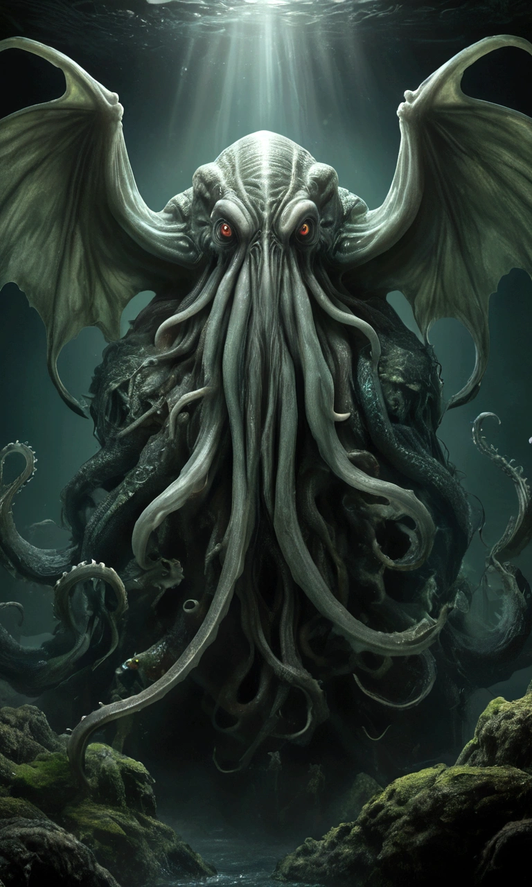 (Masterpiece),(highly accurate drawing in every detail),(extremely precise representation)(cinematic)A transcendent and breathtaking image of Cthulhu, an ancient and mysterious deity from the pages of the Necronomicon, standing majestically with outstretched wings in front of a plain black monolith. Draped in resplendent seeweed that exudes a sense of antiquity and opulence, this enchanting and spellbinding image captures the captivating allure of Cthulhu, showcasing the awe-inspiring might and splendor of this ethereal entity. The artwork is rendered with meticulous linework, evoking the essence of the comic-inspired theme in a black and grey monochromatic scale. Exceptional quality, 8K ultra-high-resolution, hyper-realism, ethereal dream-like environment, otherworldly, intricate details, elongated limbs, extraordinary hair, alien allure, ethereal radiance, lifelike shading, theatrical lighting, legendary figure, enigmatic presence, dreamlike atmosphere