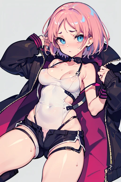 1 girl, high quality, (short hair), pink hair, forehead, blue eyes, medium breast,(straps on thighs:1.3), simple background, (stocking), (cameltoe:1.2),(sweaty:1.1), (nipples:0.8), (sexy pose:1.2), (shorts),