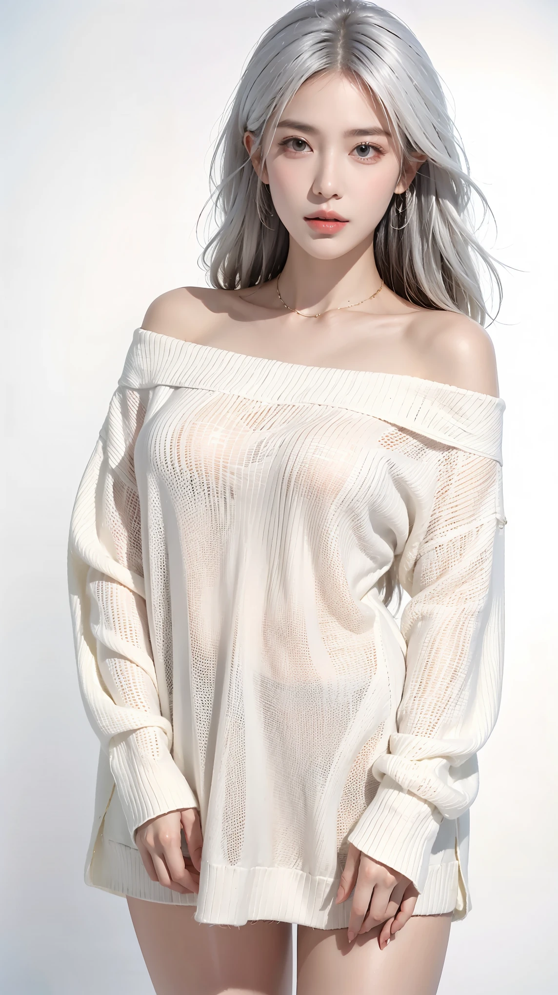 photorealistic, high resolution, 1women, shining skin, solo, jewelry, white hair, off-shoulder sweater,