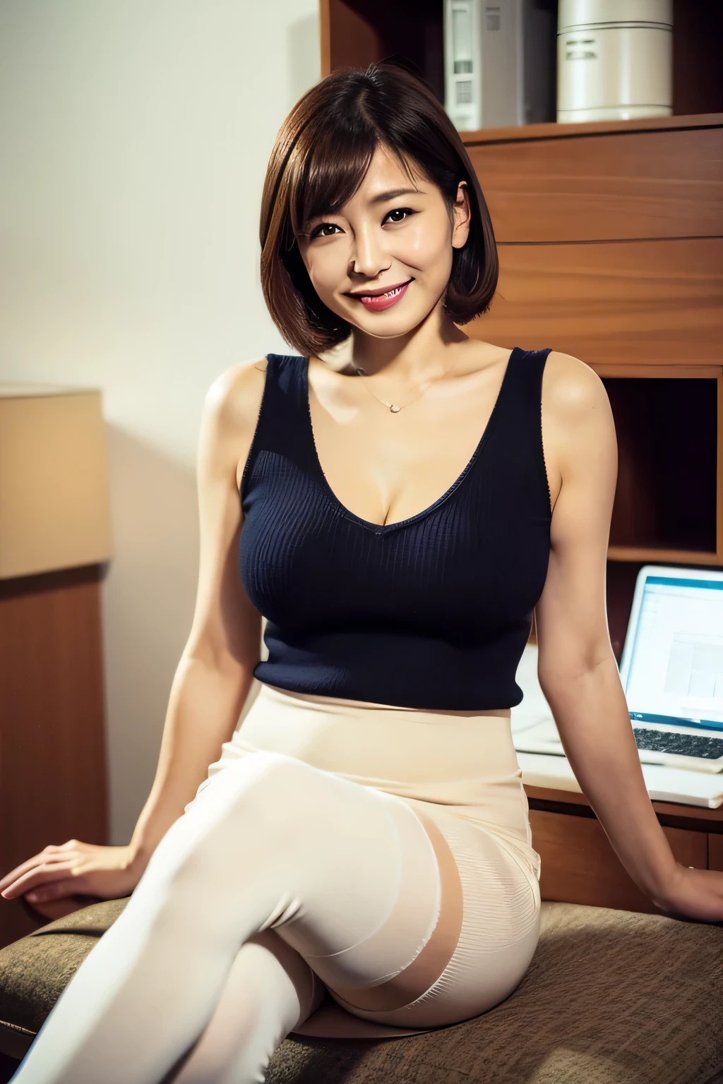 Best image quality、Beautiful Japan woman in her 30s、Excellent style、Legs wide open、mini skirt、Thighs Thighs Thighs、Shiseido、Professional Lighting、Professional Photographer、Focus on the eyes、（In an empty office）、sit、I can see your pants、smile、Wearing a beige sleeveless knit、Shortcuts、Bob、A little thick、Large Breasts、E cup breasts、A seductive smile、Cream colored tights、Noise Reduction