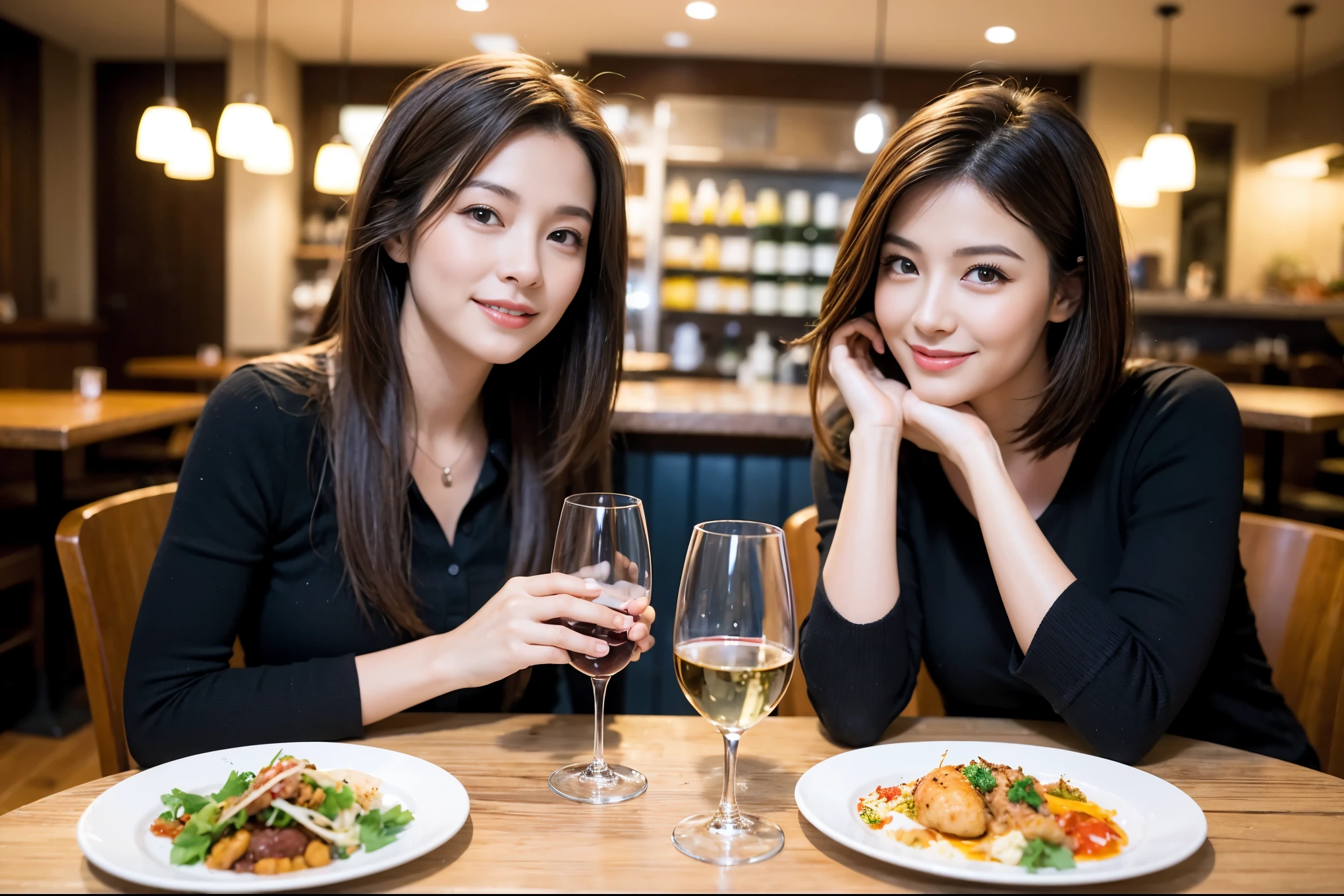 ((highest quality、8k、masterpiece:1.3))、beauty、1 male1 female、Couple、Spouse、half、The body is slim、((Bob Hale、Straight hair:1.2)), (Realistic, Intricate details:1.2), Fullcorse Dinner,Wine glass on the table、Shine light on your face、 Amazing view of the sunset sky and clouds、A bright smile、The wonderfulness of smile、Bright image、The beauty of wine, Beautiful Face, blue eyes, The light shines on your face, Blushing, short hair,Bright Face、 (Age 45), 43 years old, red wine 、Appetizers、Italian food、Wine bottle、Champagne、sparkling wine、Two beauties、Brown Hair、Shortcuts、Long sleeve shirt、dress、Pretty Woman 1, (Slim face), (The body is slim), (Brown Hair), (Shortcuts), cheeks turn a little red,Attractive beauty、restaurant, In a prominent place (From the waist up) Nova Frog Style, actress, model, Upper Body, White wine, slim, wine glass, A wine glass placed in the center, smile, (smile: 1.15), Beautiful fine grain, Depth f/2,saturation, High Contrast, Strong light and shadow,Moist Body:1.5、3D texture、Delicate eyes、Brown Hair、The hair is very shiny、
