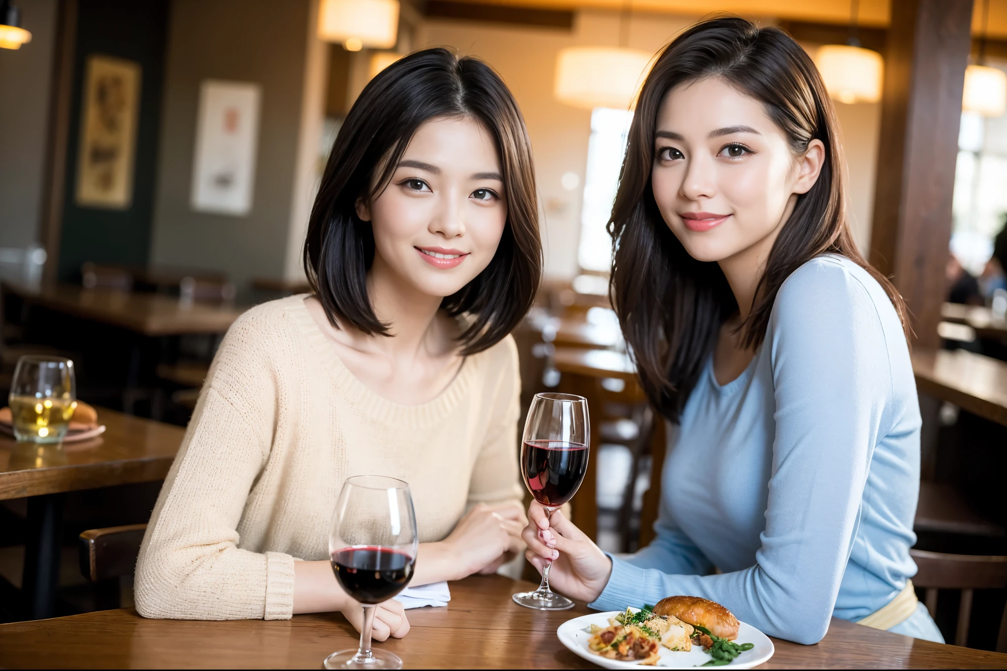 ((highest quality、8k、masterpiece:1.3))、beauty、1 male1 female、Couple、Spouse、half、The body is slim、((Bob Hale、Straight hair:1.2)), (Realistic, Intricate details:1.2), Fullcorse Dinner,Wine glass on the table、Shine light on your face、 Amazing view of the sunset sky and clouds、A bright smile、The wonderfulness of smile、Bright image、The beauty of wine, Beautiful Face, blue eyes, The light shines on your face, Blushing, short hair,Bright Face、 (Age 45), 43 years old, red wine 、Appetizers、Italian food、Wine bottle、Champagne、sparkling wine、Two beauties、Brown Hair、Shortcuts、Long sleeve shirt、dress、Pretty Woman 1, (Slim face), (The body is slim), (Brown Hair), (Shortcuts), cheeks turn a little red,Attractive beauty、restaurant, In a prominent place (From the waist up) Nova Frog Style, actress, model, Upper Body, White wine, slim, wine glass, A wine glass placed in the center, smile, (smile: 1.15), Beautiful fine grain, Depth f/2,saturation, High Contrast, Strong light and shadow,Moist Body:1.5、3D texture、Delicate eyes、Brown Hair、The hair is very shiny、