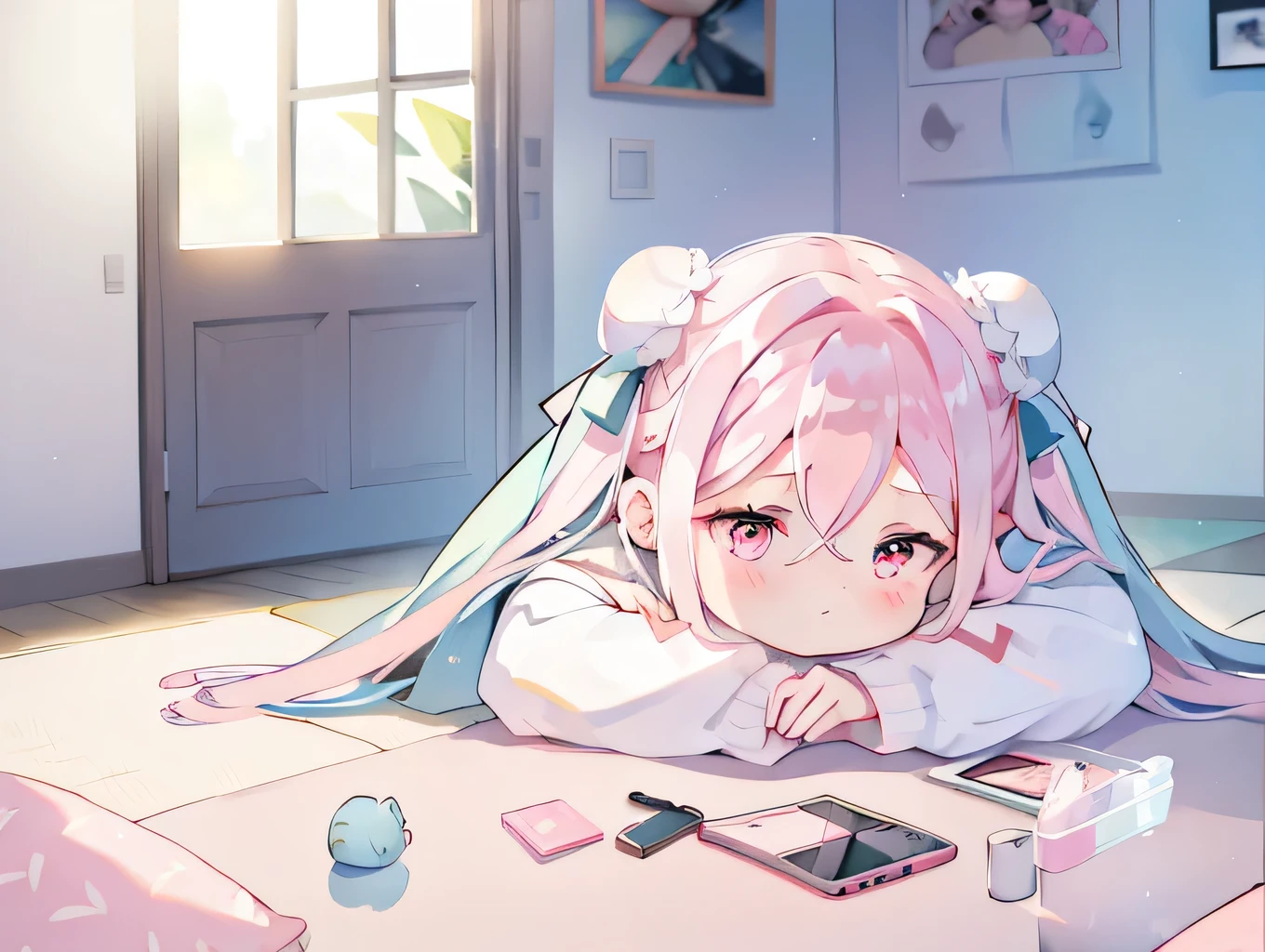 One Girl, ((miku hatsune))、sleep、kotatsu, table, sleepeace, down face, Light blue hair, Winters, Upper Body,mandarin orange, reflected light,, Ultras_detailed:1.2,masterpiece, highest quality, High resolution, {Detailed and beautiful eyes}, finely,  Detailed and beautiful eyes,1 Girl, (alone:1.5),  (Hair Ribbon:0.4), Pink Eyes,Cinematic Angles,perspective,(((White bun hair))),(((Long pink hair))),