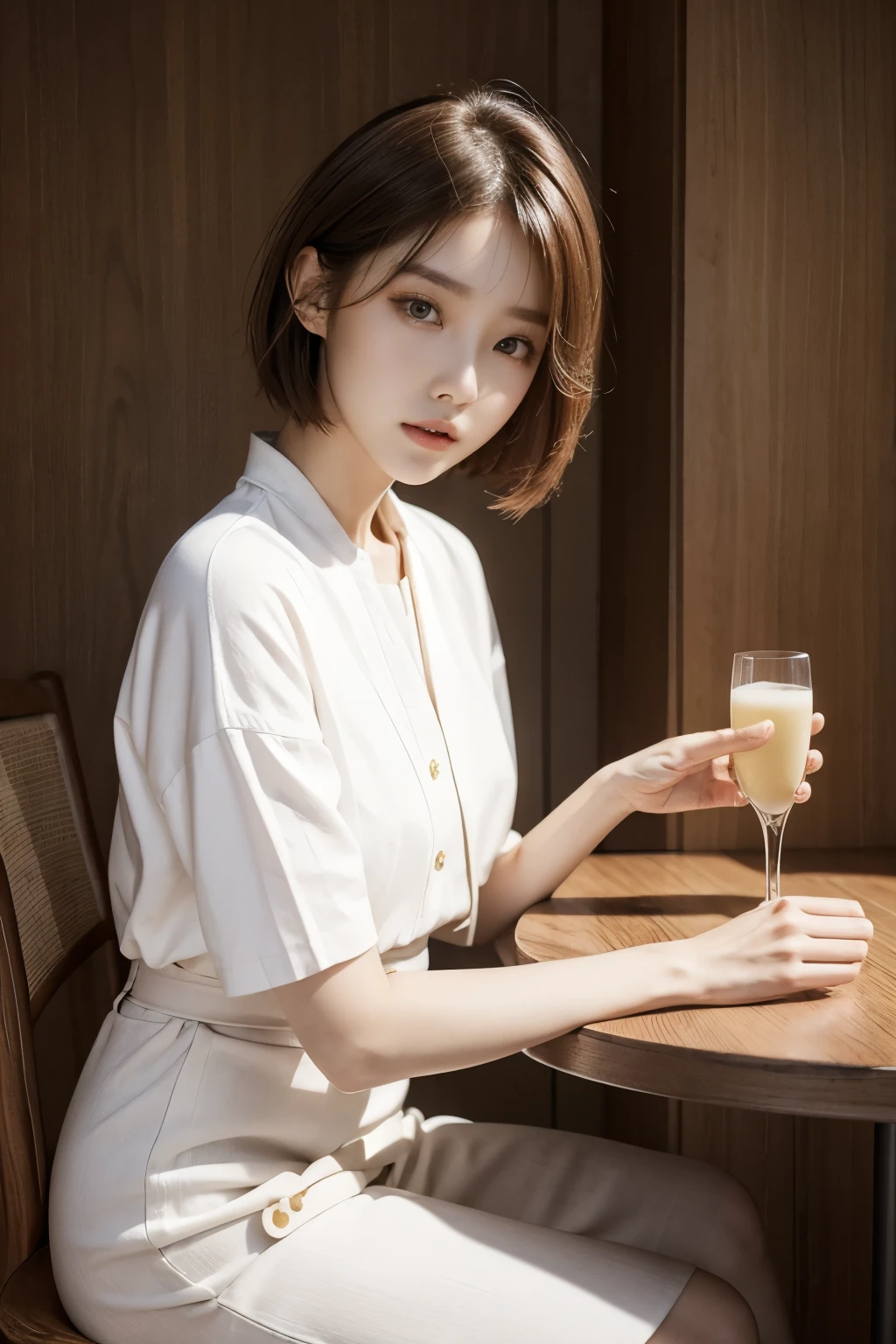 carat magazine cover depicts a woman sitting at a stylish table., with short hair, Korean female fashion model, Stunning beautiful young Korean woman,