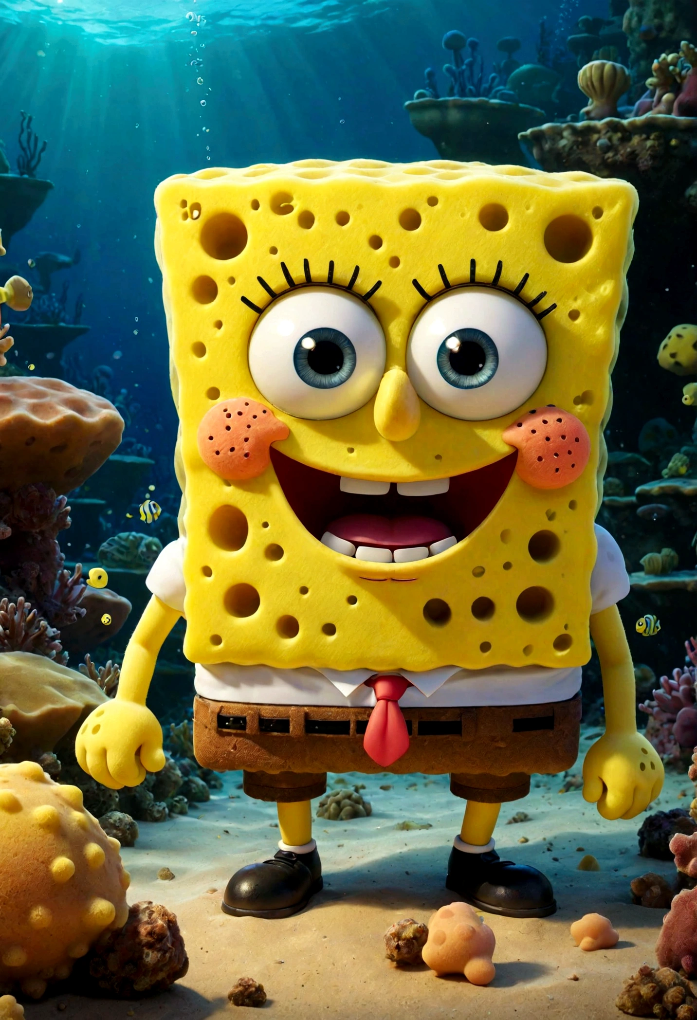 Sponge:
SpongeBob is a small sponge, characterized by its bright yellow color and distinctive shape that makes it look cute and cuddly. She has large, charming eyes that reflect her intelligence and courage, and a small mouth that reflects her constant smile and sense of humor. Sponge bears some scars on her body from previous battles, showing signs of her strength and courage.