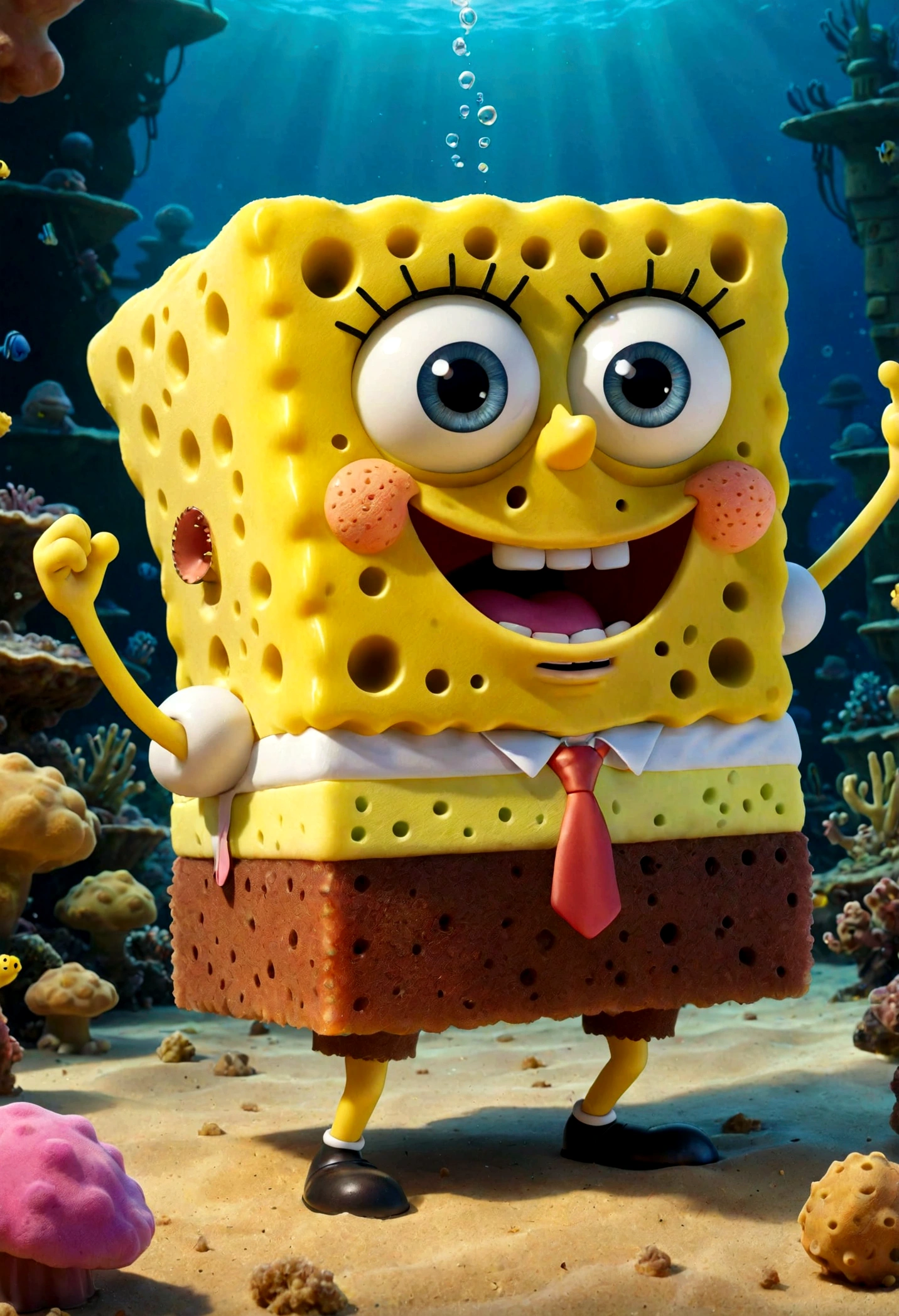 Sponge:
SpongeBob is a small sponge, characterized by its bright yellow color and distinctive shape that makes it look cute and cuddly. She has large, charming eyes that reflect her intelligence and courage, and a small mouth that reflects her constant smile and sense of humor. Sponge bears some scars on her body from previous battles, showing signs of her strength and courage.
