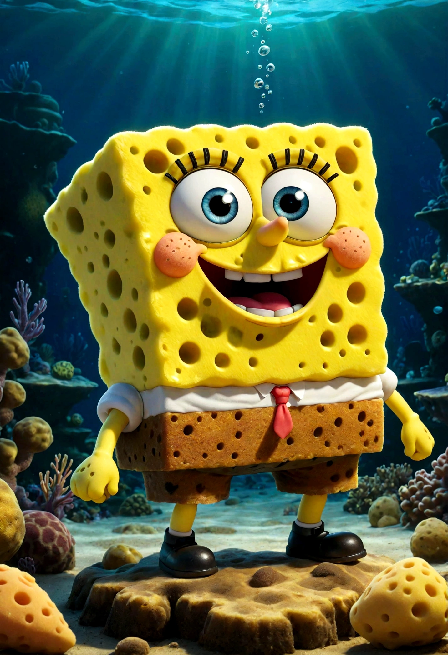 Sponge:
SpongeBob is a small sponge, characterized by its bright yellow color and distinctive shape that makes it look cute and cuddly. She has large, charming eyes that reflect her intelligence and courage, and a small mouth that reflects her constant smile and sense of humor. Sponge bears some scars on her body from previous battles, showing signs of her strength and courage.