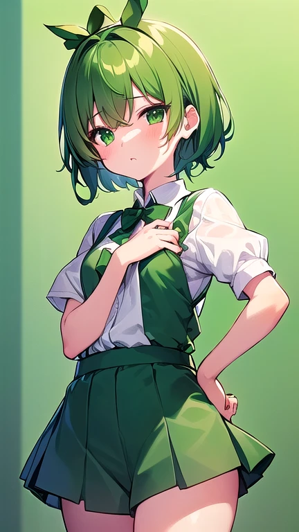 緑の蝶ネクタイとサスペンダーをつけたGreen clothesを着たアニメの女の子,  Green clothes, , Short hair　green soybeans on heads boyish,tomboy, lightgreen very short hair　flat breast　blouse　puffy short sleeves,green suspender  dolphin shorts ,two green edamame on the head