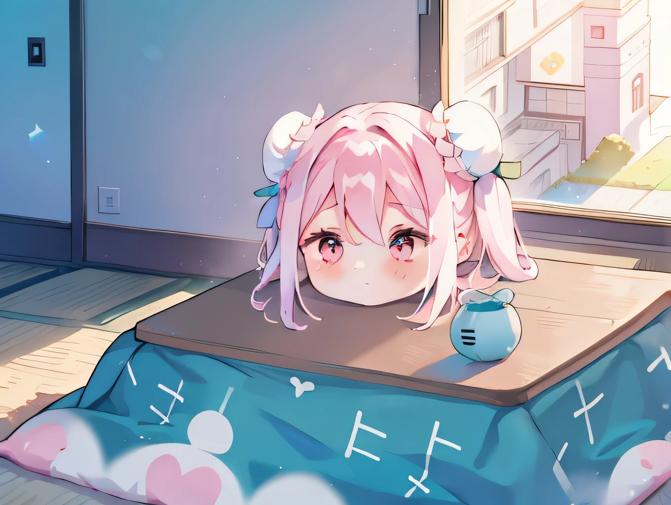 One Girl, ((miku hatsune))、sleep、kotatsu, table, sleepeace, down face, Light blue hair, Winters, Upper Body,mandarin orange, reflected light,, Ultras_detailed:1.2,masterpiece, highest quality, High resolution, {Detailed and beautiful eyes}, finely,  Detailed and beautiful eyes,1 Girl, (alone:1.5),  (Hair Ribbon:0.4), Pink Eyes,Cinematic Angles,perspective,(((White bun hair))),(((Long pink hair))),