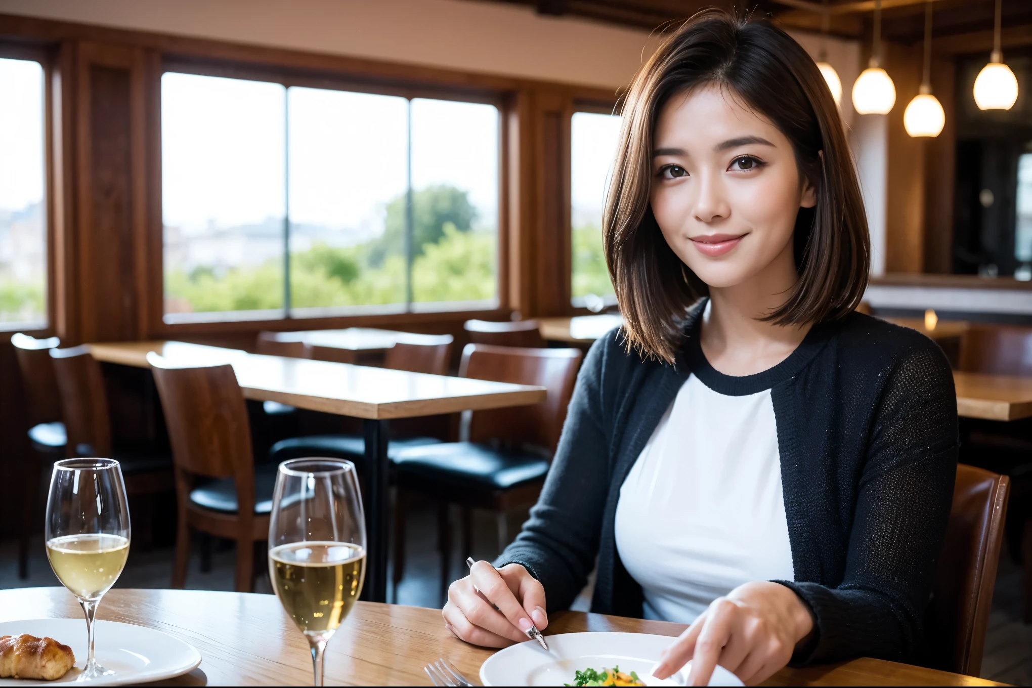 ((highest quality、8k、masterpiece:1.3))、beauty、1 male1 female、Couple、Spouse、half、The body is slim、((Bob Hale、Straight hair:1.2)), (Realistic, Intricate details:1.2), Fullcorse Dinner,Wine glass on the table、Shine light on your face、 Amazing view of the sunset sky and clouds、A bright smile、The wonderfulness of smile、Bright image、The beauty of wine, Beautiful Face, blue eyes, The light shines on your face, Blushing, short hair,Bright Face、 (Age 45), 47 years old, red wine 、Appetizers、Italian food、Wine bottle、Champagne、sparkling wine、Two beauties、Brown Hair、Shortcuts、Long sleeve shirt、dress、Pretty Woman 1, (Slim face), (The body is slim), (Brown Hair), (Shortcuts), cheeks turn a little red,Attractive beauty、restaurant, In a prominent place (From the waist up) Nova Frog Style, actress, model, Upper Body, White wine, slim, wine glass, A wine glass placed in the center, smile, (smile: 1.15), Beautiful fine grain, Depth f/2,saturation, High Contrast, Strong light and shadow,Moist Body:1.5、3D texture、Delicate eyes、Brown Hair、The hair is very shiny、