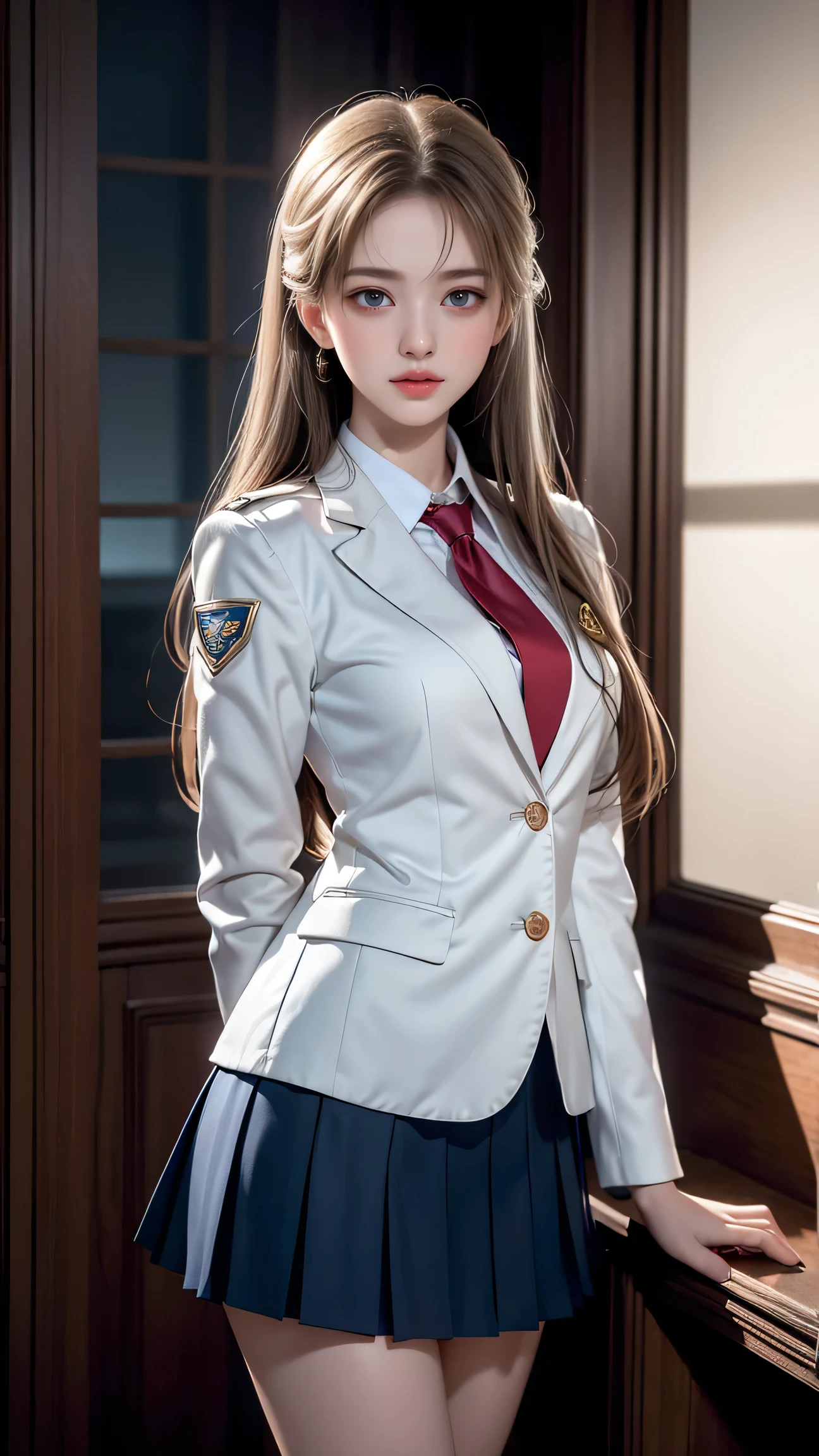 ((Girl standing on the school stairs))、Top quality work、Actual work、Ultra Premium Graphics、8K HD CG Works、High Quality Graphics、High resolution CG work、10x pixels、extremely fine details:1. 1、Advanced technical details:1.1 Photorealistic、Natural light:1.5、Light Effects(Virtual Light Effects:1.8)、長いSilver Hair、Silver Hair、Transparent hair、Hair with attention to detail(Premium Hair Detail:1. 1)Clear Eyes、Beautiful double eyelids、Sharp eye make up、Delicate eyelash makeup、Thin eyebrows、Eye for detail、High nose、Nice red lips、Rose Cheek、Casual makeup face、Cute Face、Perfectly proportioned face、(Advanced Face Detail: 1. 1)、girl、Like a fairy in a painting、slim and sexy legs、A beautiful face is beautiful and delicate、Like a finely carved jade、Represents patience and wisdom、 Cherry Lip Color、Her face is clear、Skin as white as jade、Give off a healthy glow、The makeup is light and subtle.、Not too decorative。 , eye make up: With eyeshadow and eyeliner、For bright and lively eyes、 ((high school girl))、((White blazer、Chest Emblem))、((White blouse))、((Red tie))、((Navy blue checked skirt))、((White panties are visible))、Her hair is casually tied back.、 Fixed with hosta、A few strands of hair swaying gently in the wind、Add a little softness、Charmed everyone。 elegant、Mystery、powerful、(Shooting from below),