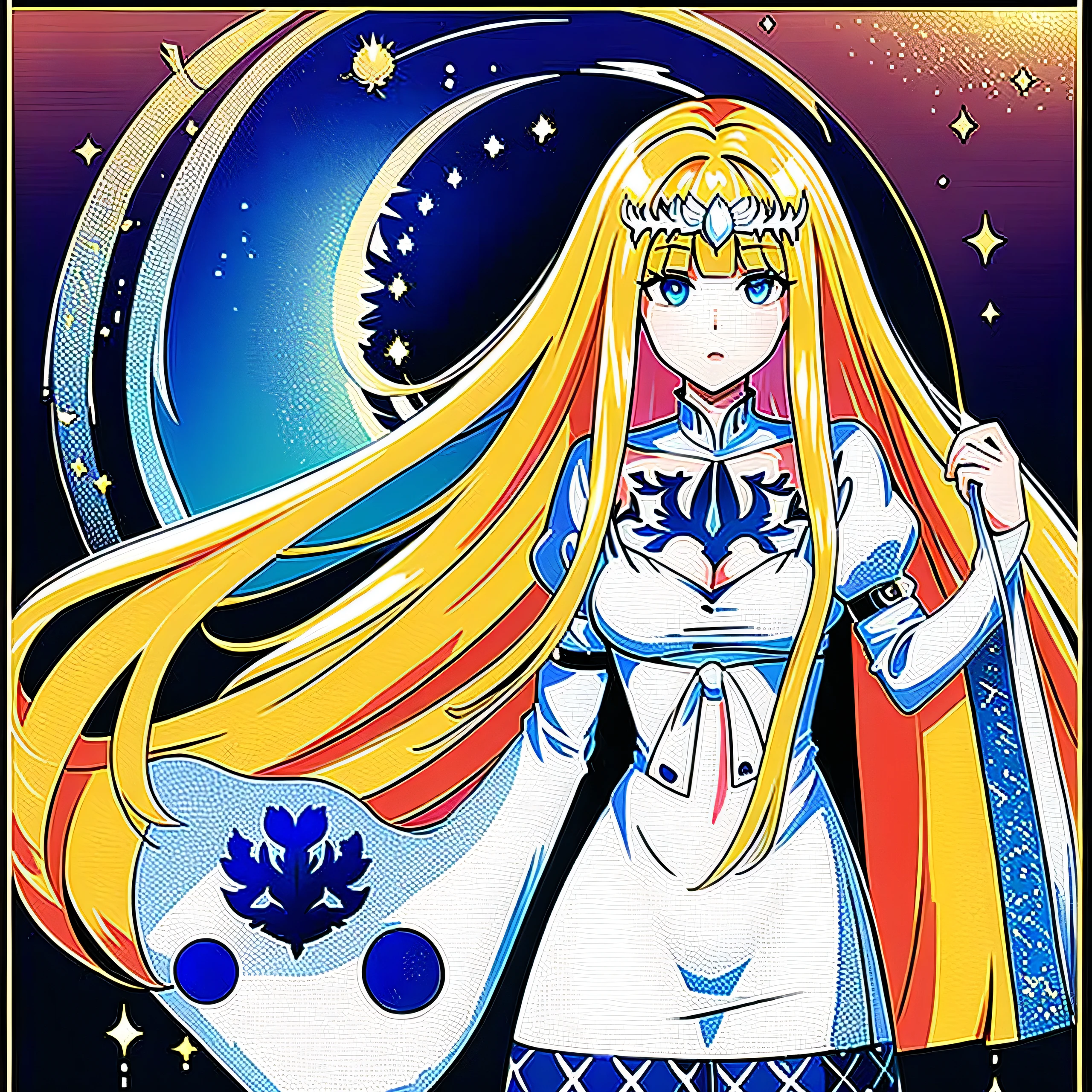 (Masterpiece, Top Quality, Best Quality, watercolor (medium), official arts, Beauty and Aesthetics: 1.2), (1girl 25 years old: 1.3), (s fractal art: 1.3), clean background, Background, full - body, gaze at the viewer, (rainbow hair, Colored hair), a closeup, solo, Calca, Calca Bessarez, blonde hair, (extremely long hair:1.3), very long hair, white tiara, white dress, blue eyes, medium chest