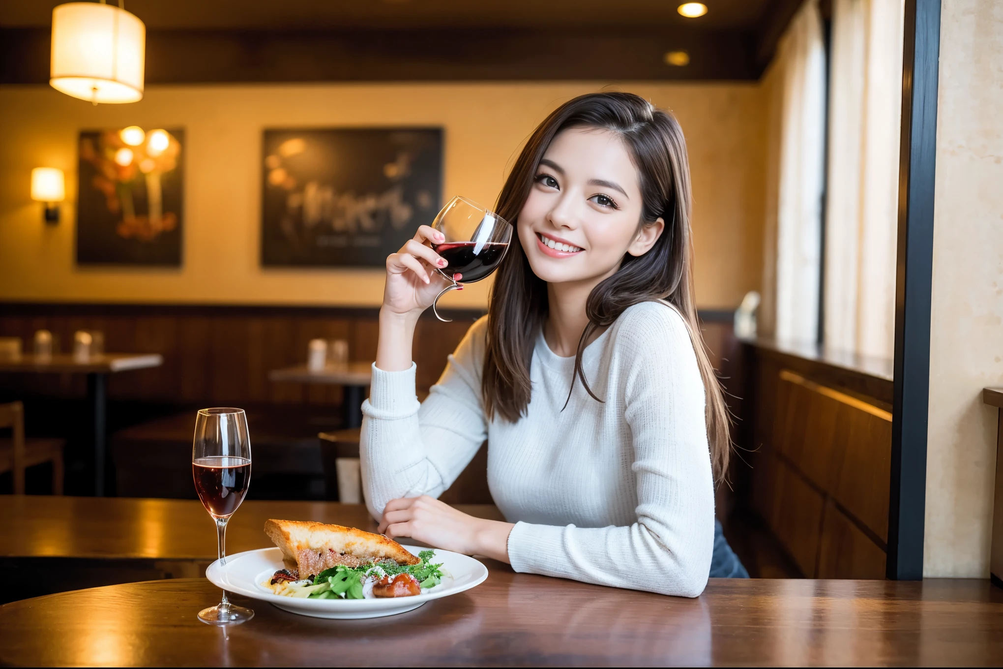 ((highest quality、8k、masterpiece:1.3))、beauty、1 male1 female、Couple、Spouse、half、The body is slim、((Bob Hale、Straight hair:1.2)), (Realistic, Intricate details:1.2), Fullcorse Dinner,Wine glass on the table、Shine light on your face、 Amazing view of the sunset sky and clouds、A bright smile、The wonderfulness of smile、Bright image、The beauty of wine, Beautiful Face, blue eyes, The light shines on your face, Blushing, short hair,Bright Face、 (Age 45), 47 years old, red wine 、Appetizers、Italian food、Wine bottle、Champagne、sparkling wine、Two beauties、Brown Hair、Shortcuts、Long sleeve shirt、dress、Pretty Woman 1, (Slim face), (The body is slim), (Brown Hair), (Shortcuts), cheeks turn a little red,Attractive beauty、restaurant, In a prominent place (From the waist up) Nova Frog Style, actress, model, Upper Body, White wine, slim, wine glass, A wine glass placed in the center, smile, (smile: 1.15), Beautiful fine grain, Depth f/2,saturation, High Contrast, Strong light and shadow,Moist Body:1.5、3D texture、Delicate eyes、Brown Hair、The hair is very shiny、