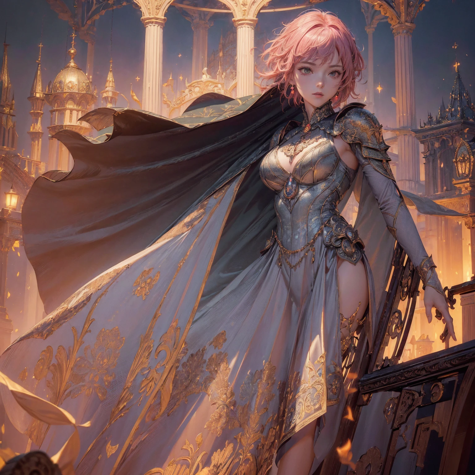 (master piece:1.5), (best quality:1.5), (exquisite lighting and shadow, highly dramatic picture, cinematic lens effect) (Photorealistic picture) (Card game image) 8k, wallpaper, dynamic pose, full body female short pink hair girl wearing an intricate elaborate silver armor with orange ornaments, black long cape, holding a large maze, holding a big shield, big hips, sun noon background, big tower at the distance, ethereal lighting, sharp focus, highly detailed, realistic, cinematic lighting, studio quality
