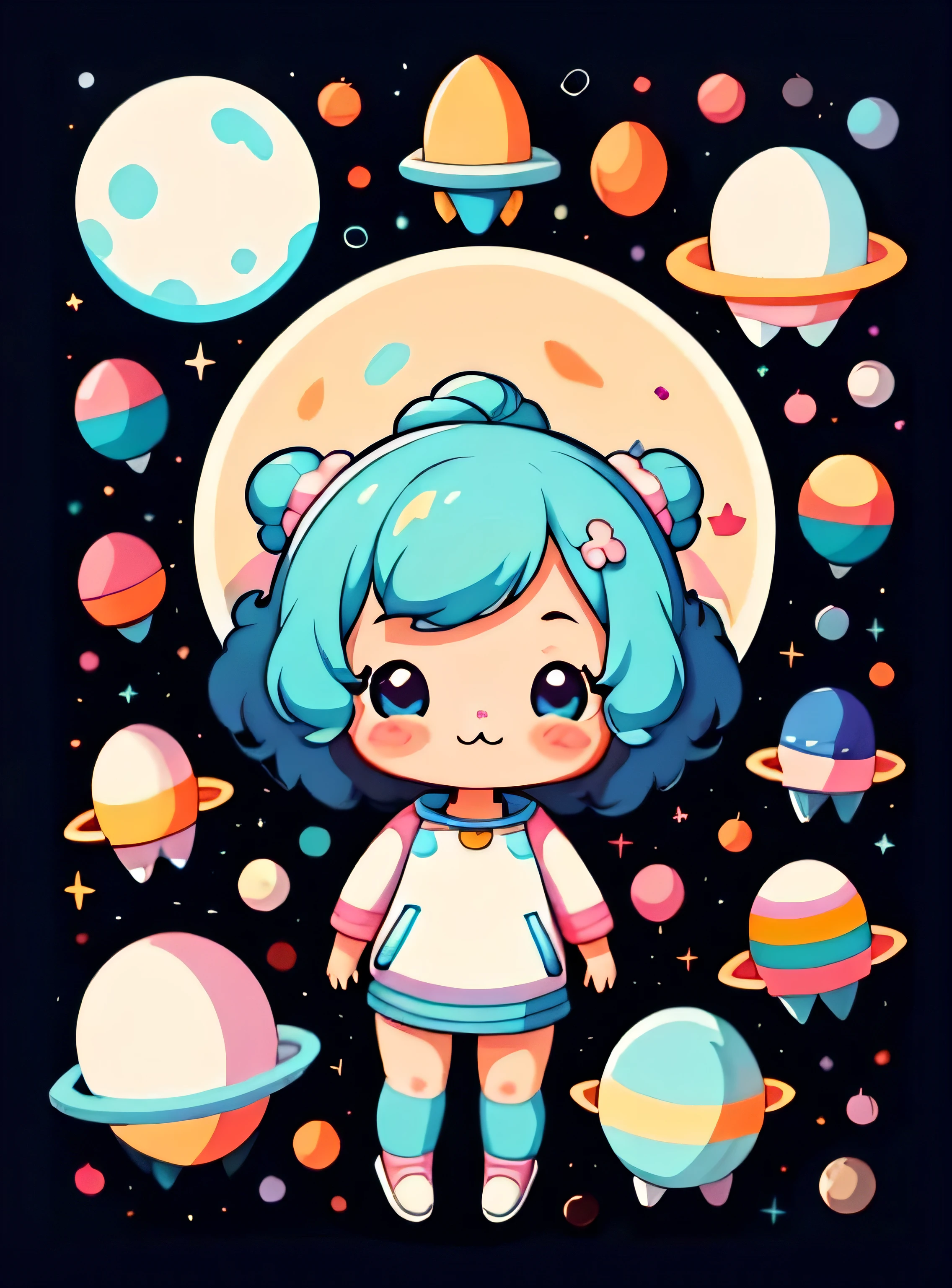 sticker,1girl,cute,kawaii,cute,moon background, space background chibi