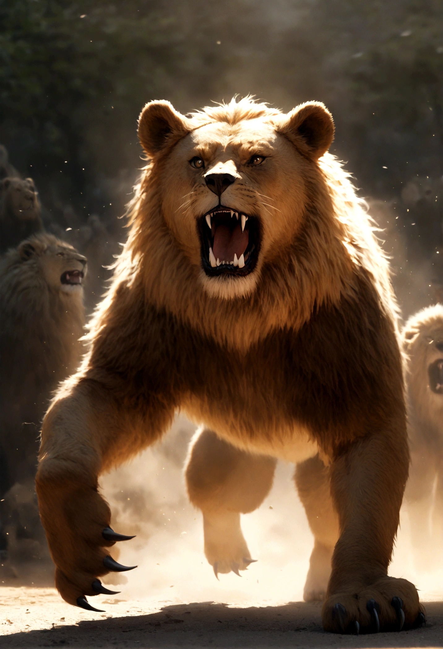 Bear and lion fighting scene、The bear raises its front paws、The lion is baring its fangs、Photo-accurate look、Dynamic Movement