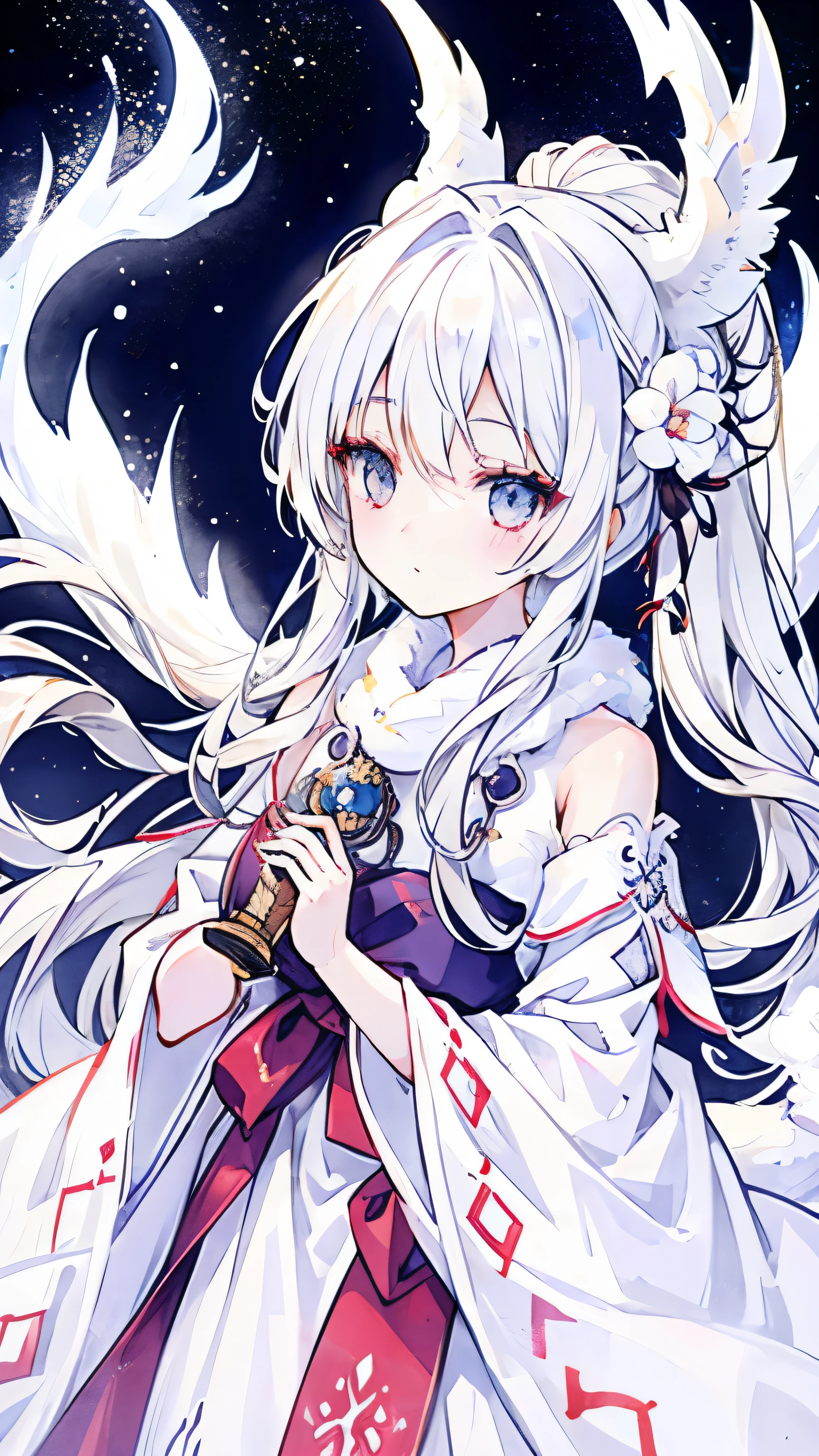 White dragon horn、White eyes、Snowy hair、White dress with intricate patterns、20 years old