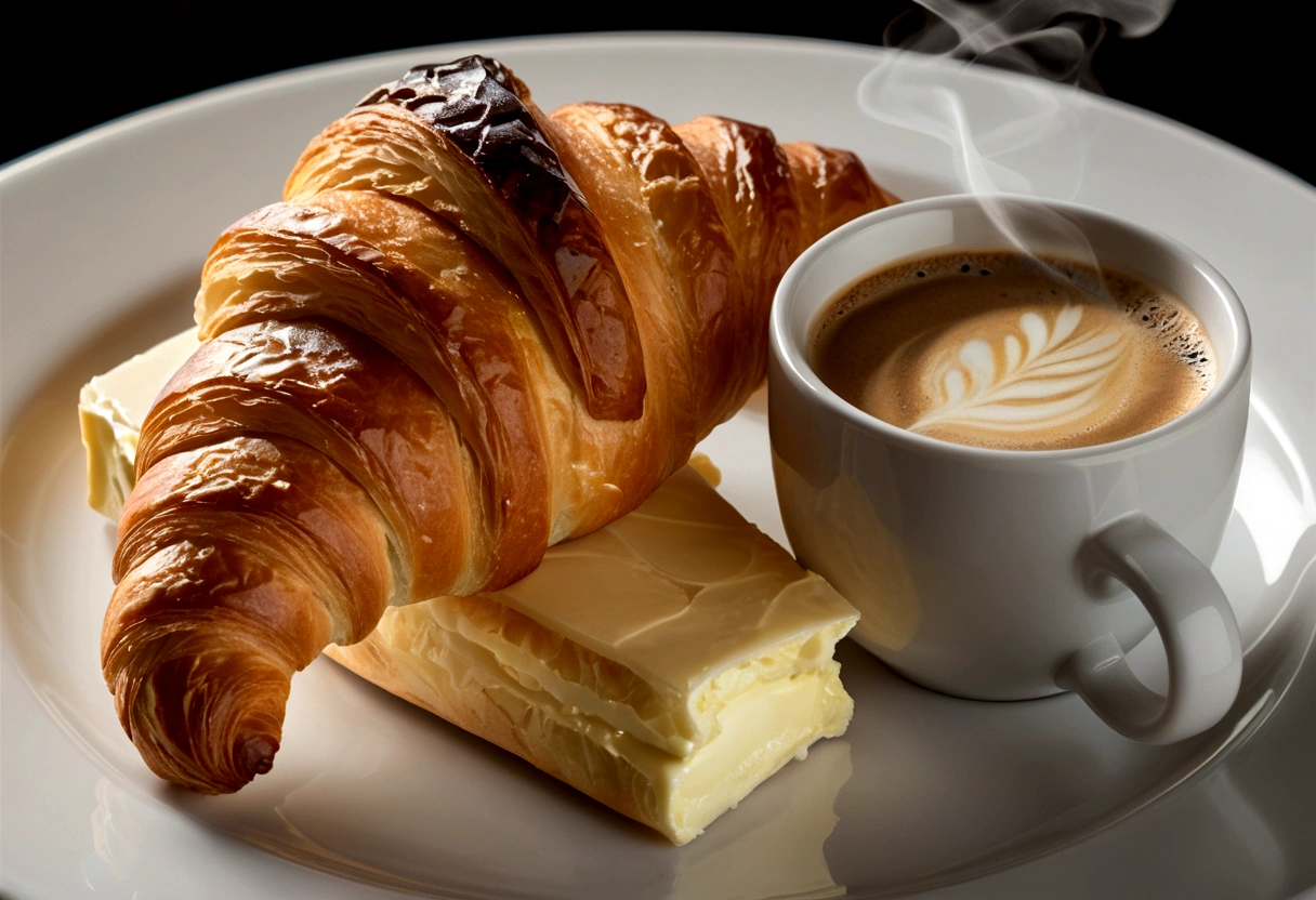 A delectable high-definition food photograph featuring a freshly baked croissant, sitting atop a pristine white plate with a slab of soft, glistening butter. The croissant is golden and flaky, inviting the viewer to take a bite. Next to it, a steaming cup of coffee with a delicate pattern of steam rising, offering a comforting warmth. The photograph is highly detailed, emphasizing the texture and color of the croissant, butter, and coffee, making the viewer's mouth water., photo