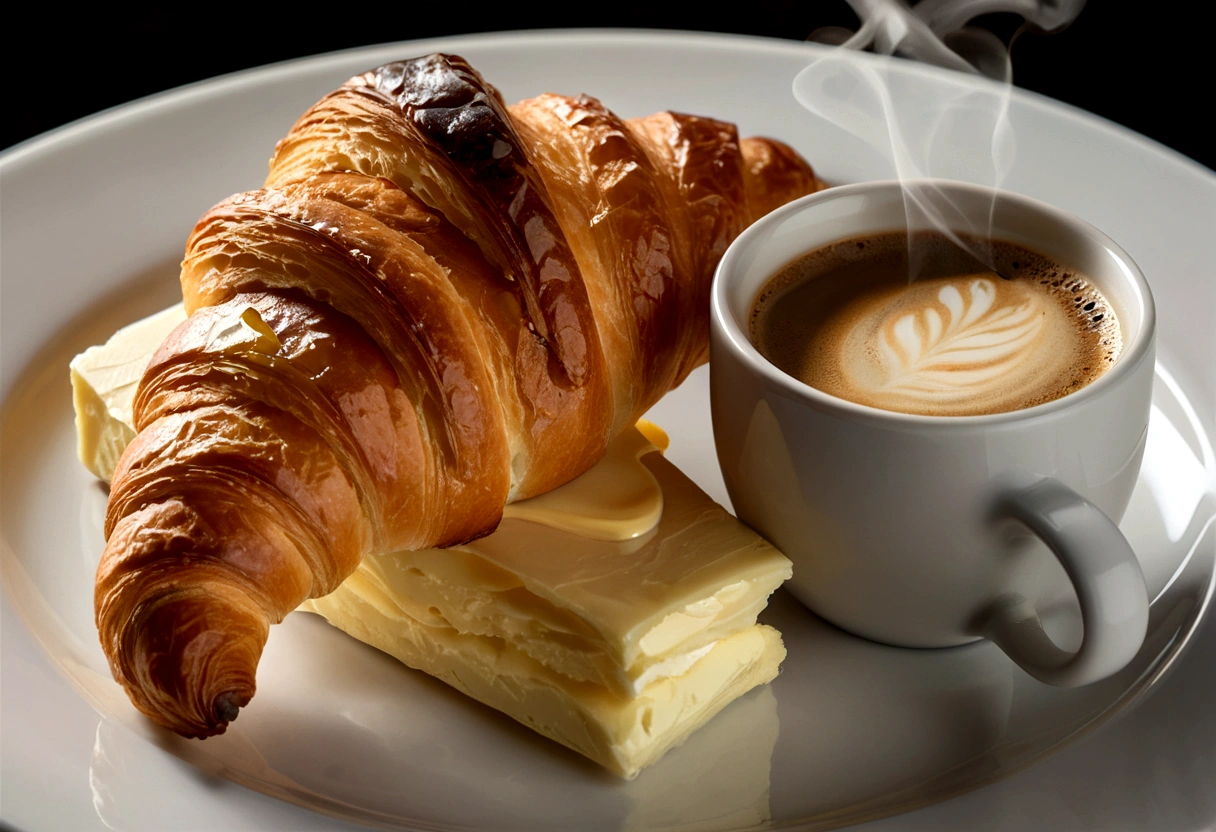 A delectable high-definition food photograph featuring a freshly baked croissant, sitting atop a pristine white plate with a slab of soft, glistening butter. The croissant is golden and flaky, inviting the viewer to take a bite. Next to it, a steaming cup of coffee with a delicate pattern of steam rising, offering a comforting warmth. The photograph is highly detailed, emphasizing the texture and color of the croissant, butter, and coffee, making the viewer's mouth water., photo