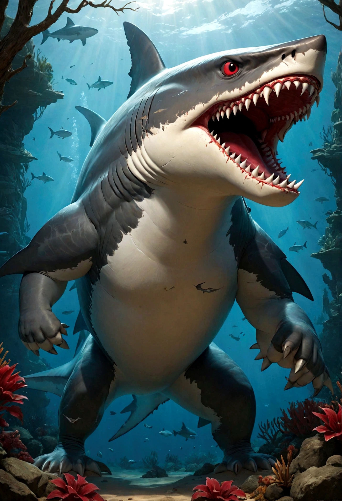 Jack:
The hawk is a huge shark, characterized by its strong and durable body, and its sharp teeth that protrude when it opens its mouth. He has sharp, red eyes that reflect his ferocity and strength, and large fins that make him appear intimidating and powerful. Jawk bears some marks on his body that indicate the battles he fought in the past, which shows his strength and resilience in the face of challenges.